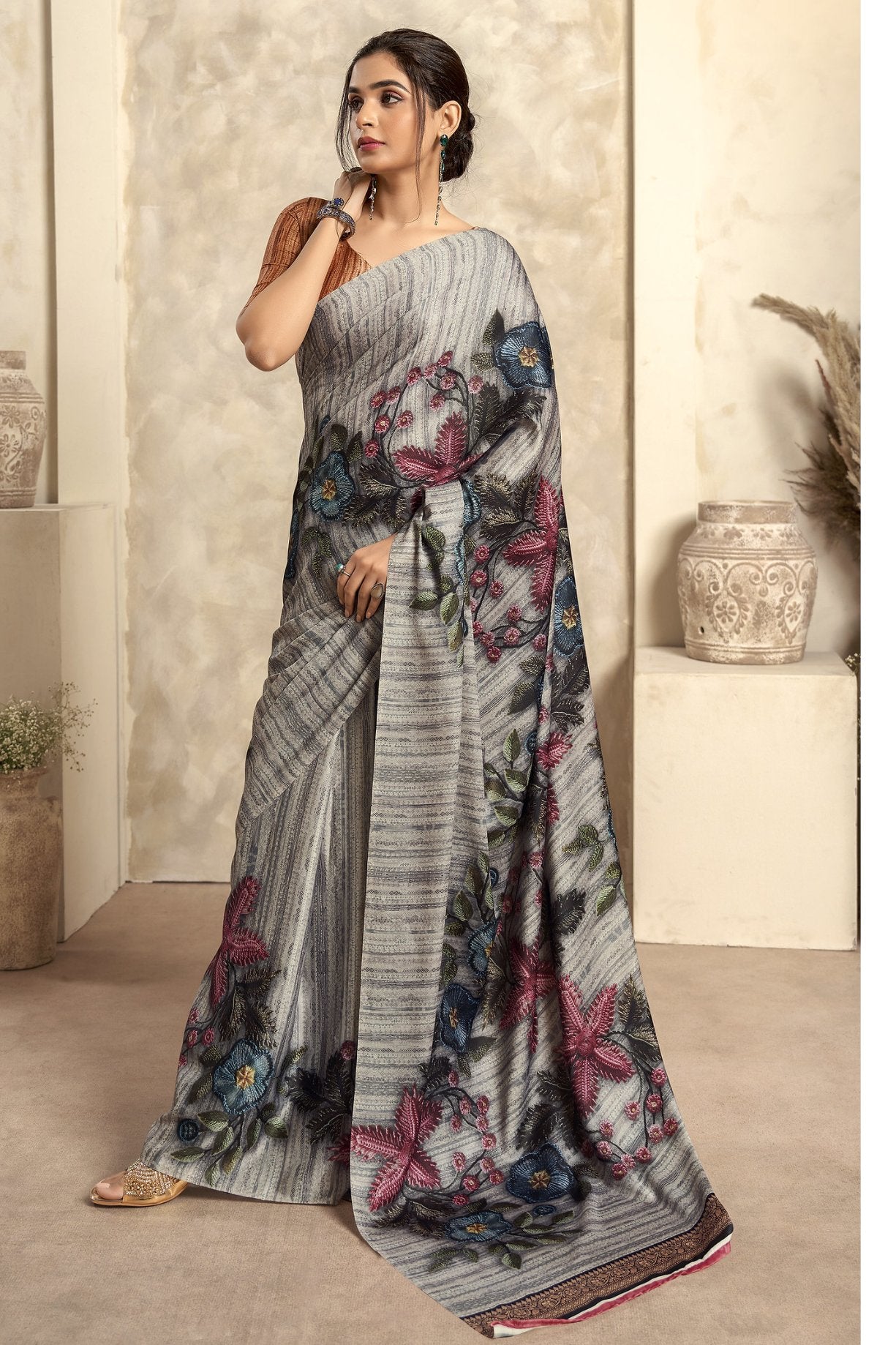 Buy MySilkLove Anchor Grey Printed Satin Silk Saree Online