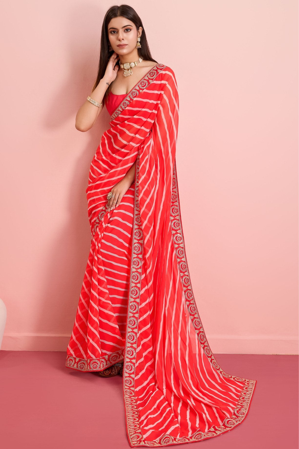 Buy MySilkLove Monza Red Georgette Lehriya Silk saree Online