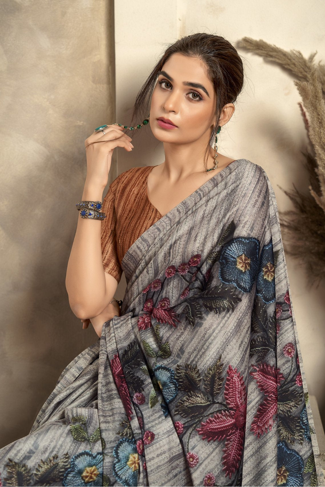 Buy MySilkLove Anchor Grey Printed Satin Silk Saree Online