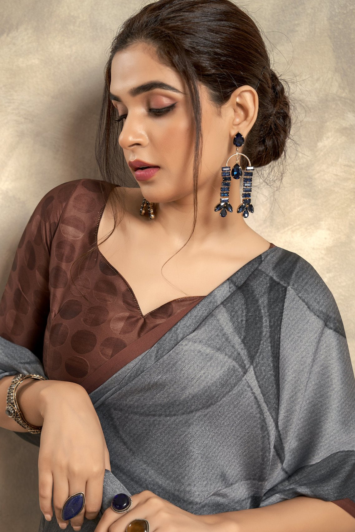 Buy Fossil Grey Printed Satin Silk Saree Online - MySilkLove