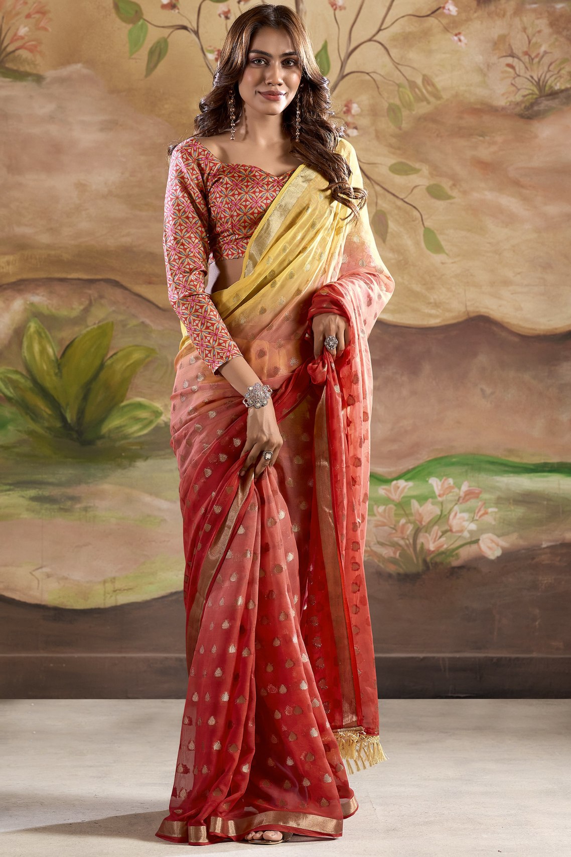 Buy MySilkLove El Salva Brown and Yellow Banarasi Georgette Saree Online