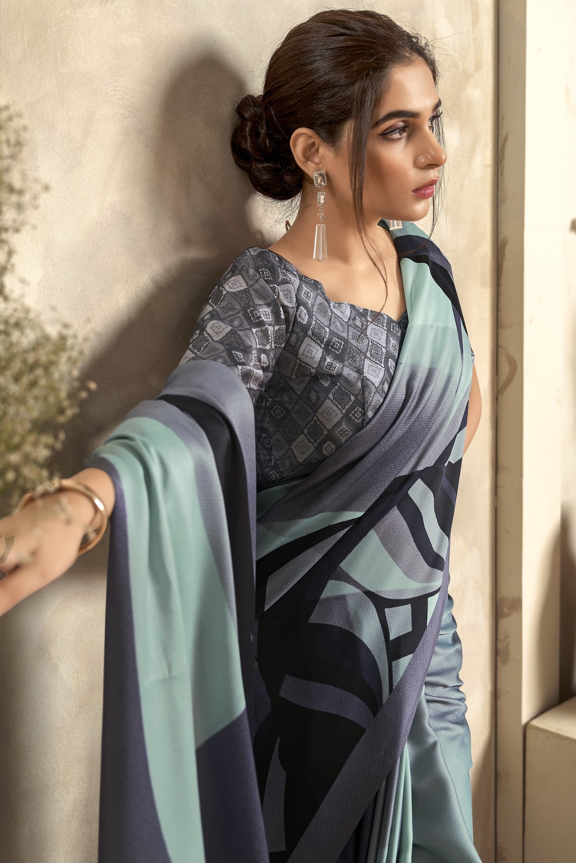 Buy MySilkLove Edward Blue Printed Satin Silk Saree Online