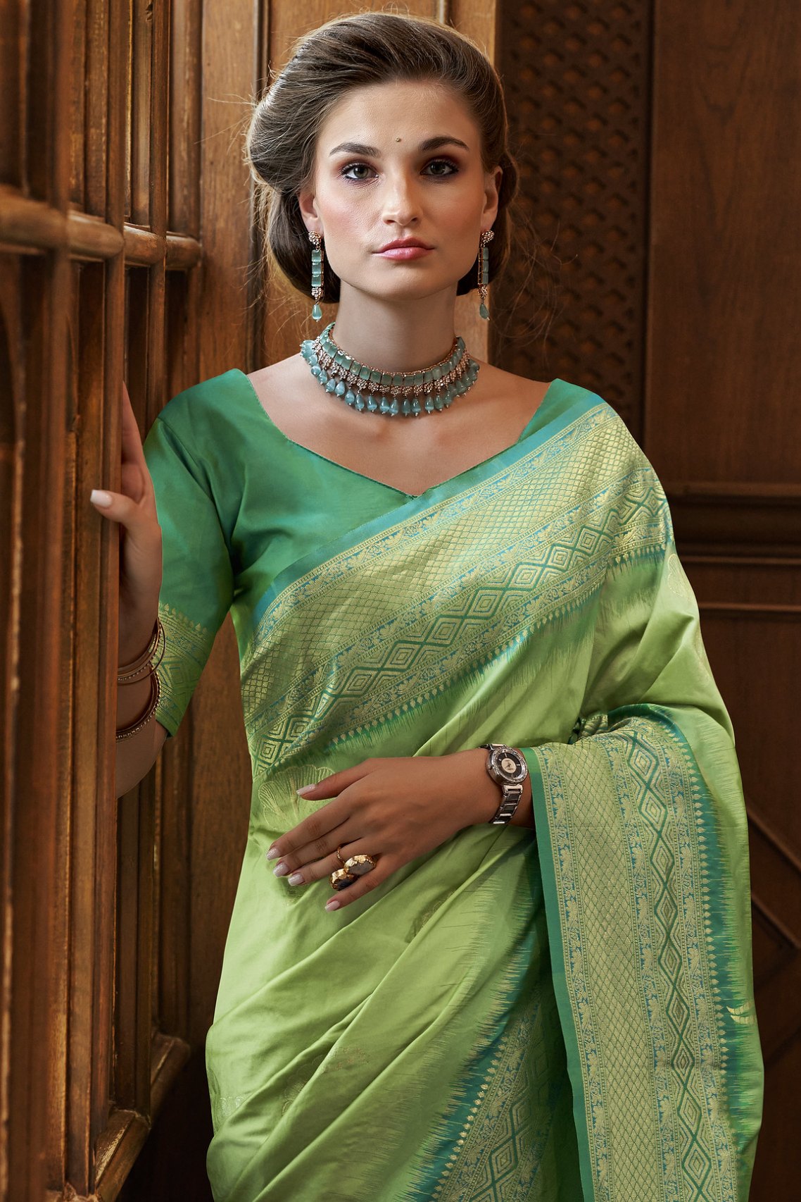 MySilkLove Bay Leaf Green Zari Woven Banarasi Saree