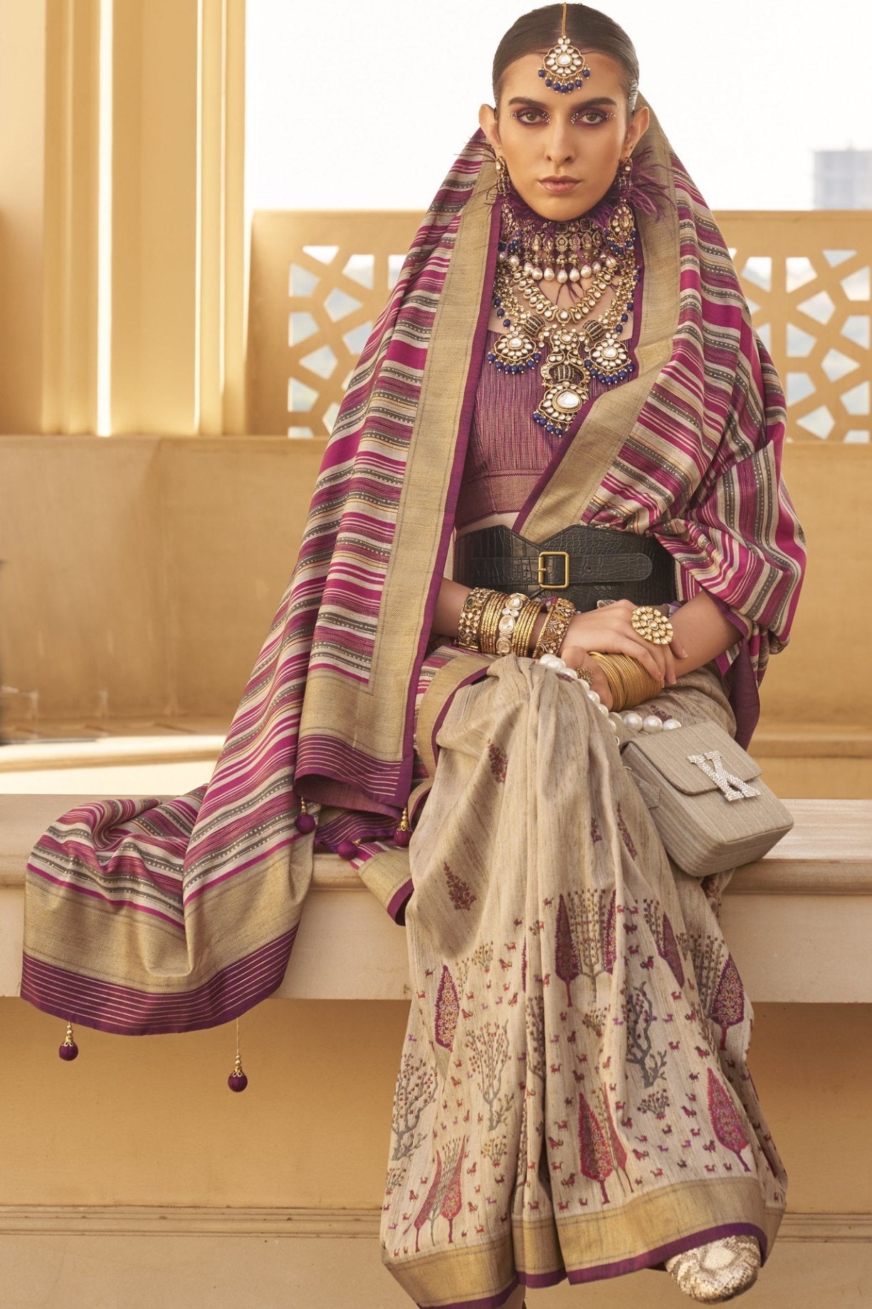 MySilkLove Brandy Cream and Purple Printed Patola Saree