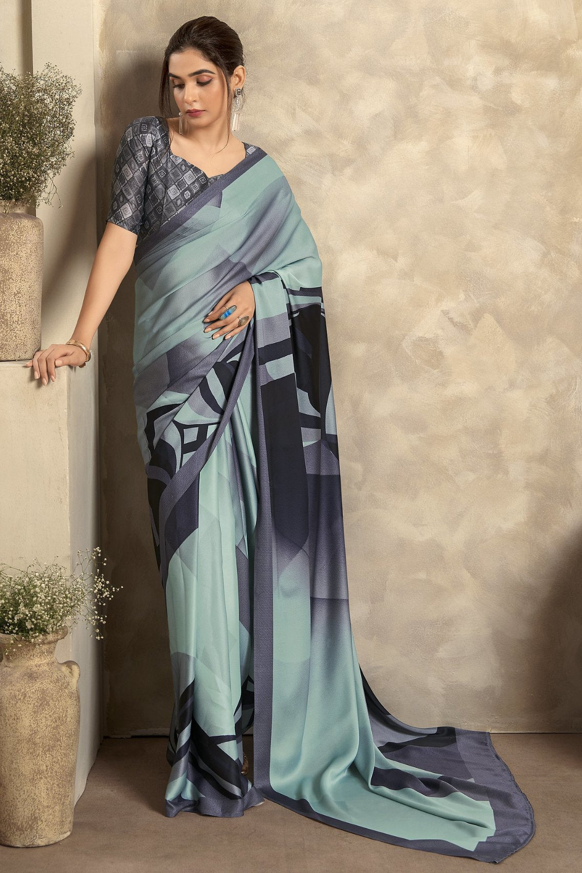 Buy MySilkLove Edward Blue Printed Satin Silk Saree Online