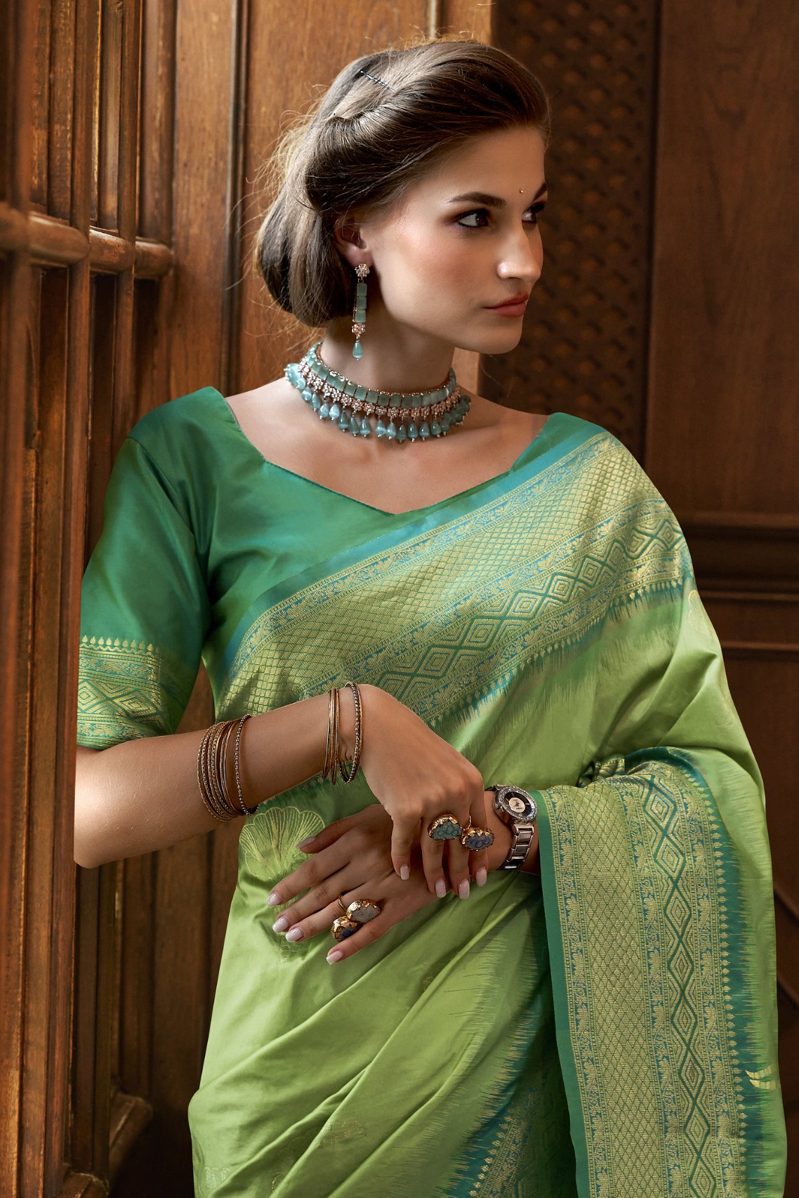 Buy MySilkLove Bay Leaf Green Zari Woven Banarasi Saree Online