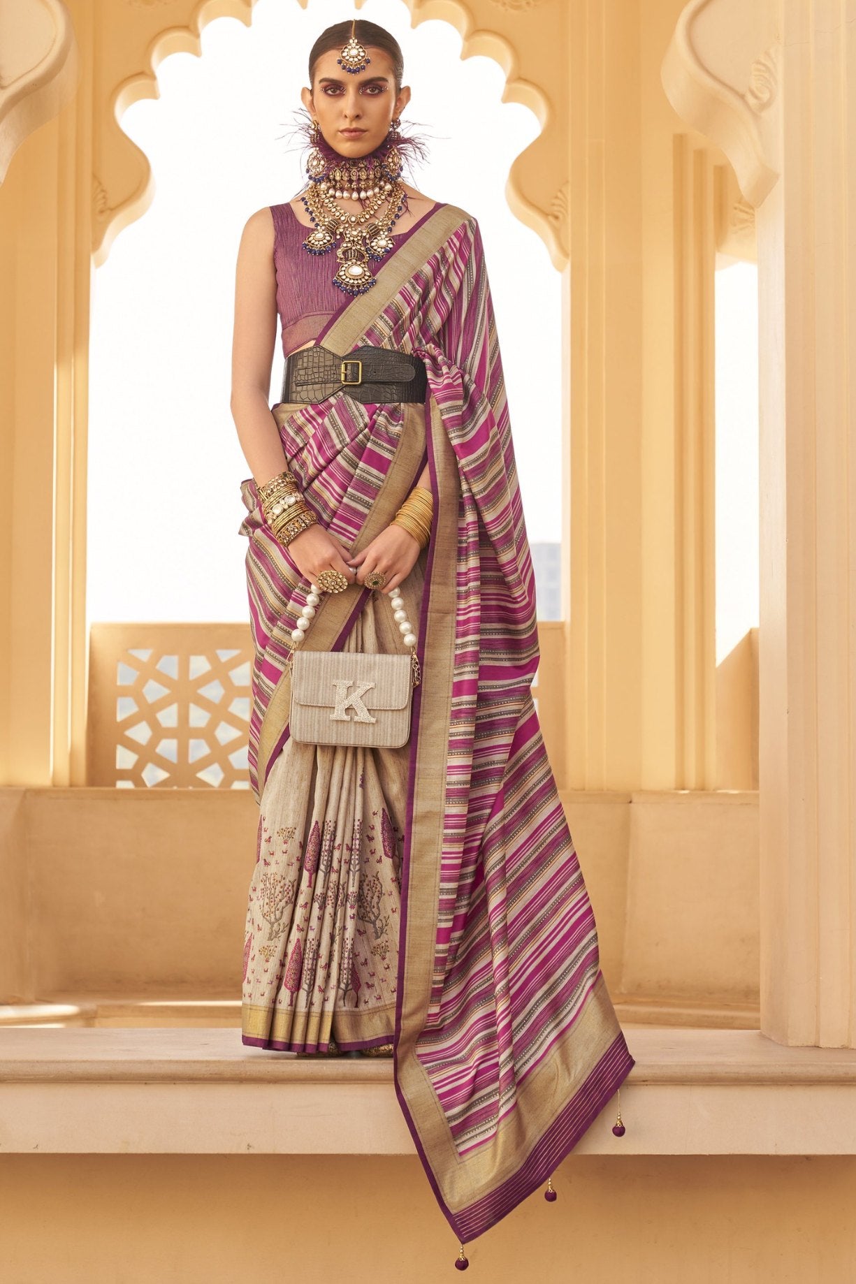 Buy MySilkLove Brandy Cream and Purple Printed Patola Saree Online