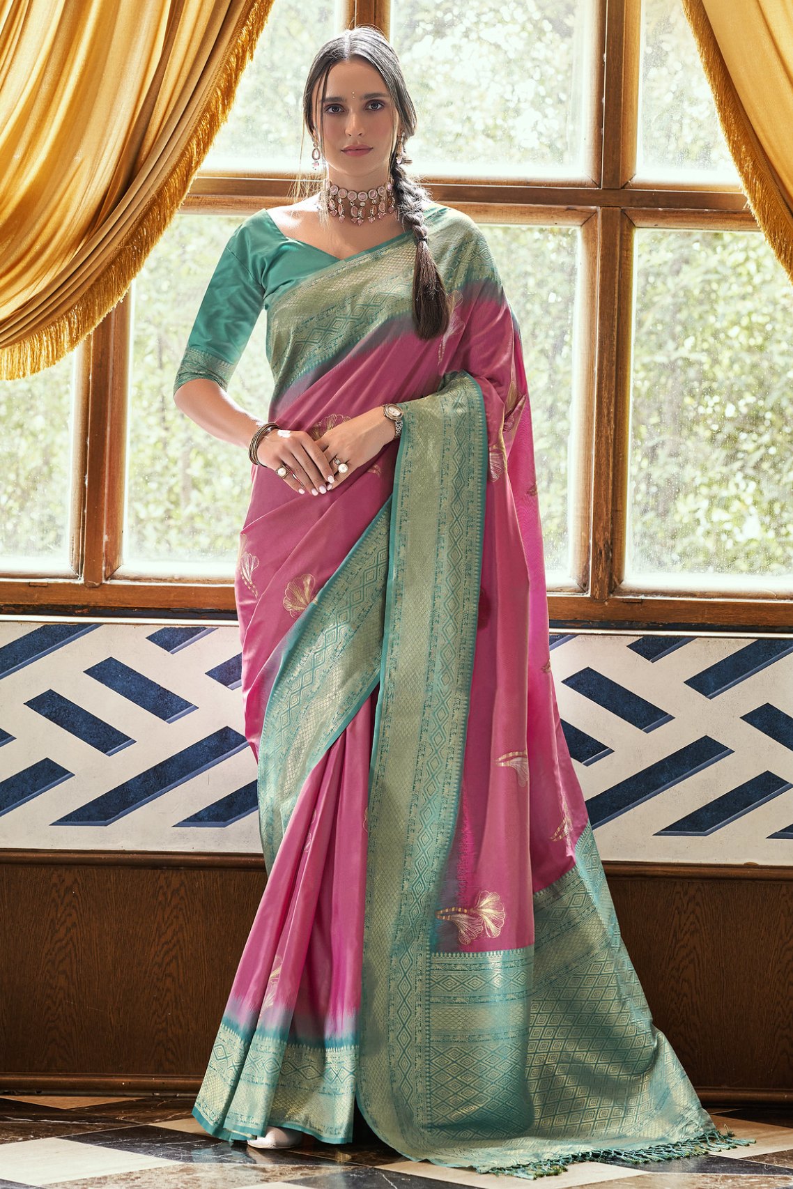 Buy MySilkLove Vin Rouge Pink and Green Zari Woven Banarasi Saree Online