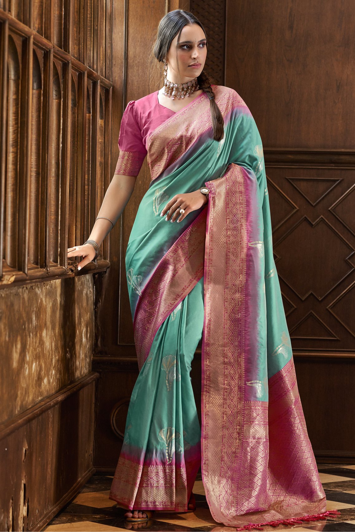 Buy MySilkLove Cruise Green and Pink Zari Woven Banarasi Saree Online