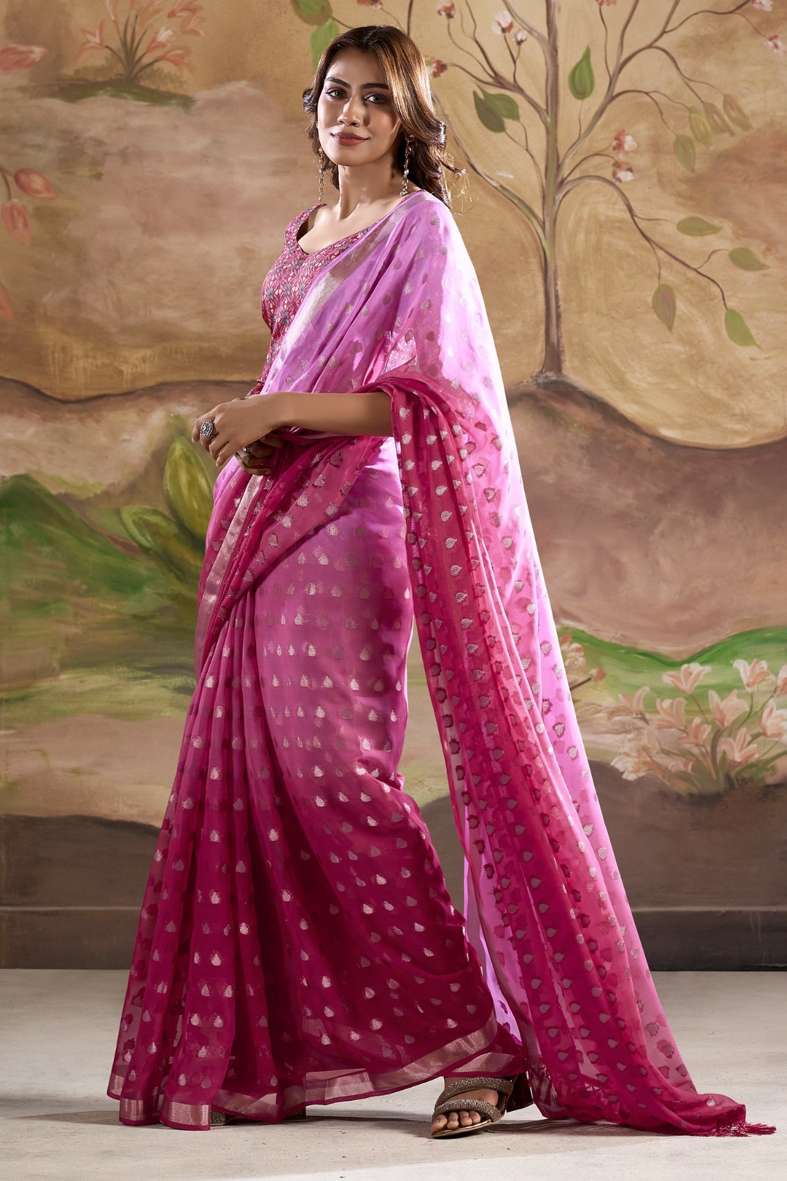 Buy MySilkLove Night Shadz Pink Banarasi Georgette Saree Online