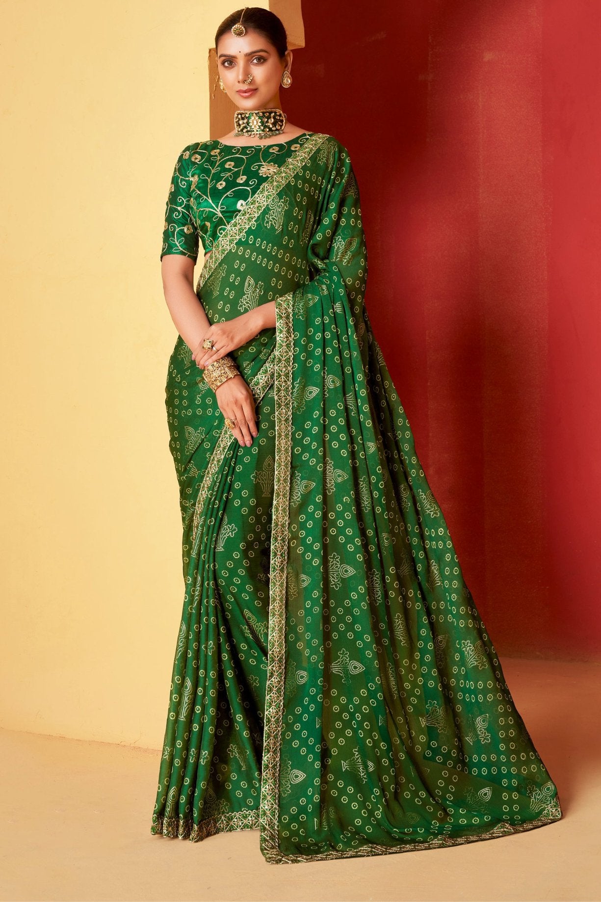 Buy MySilkLove Dark Tree Green Chiffon Bandhani Embroidery Saree Online