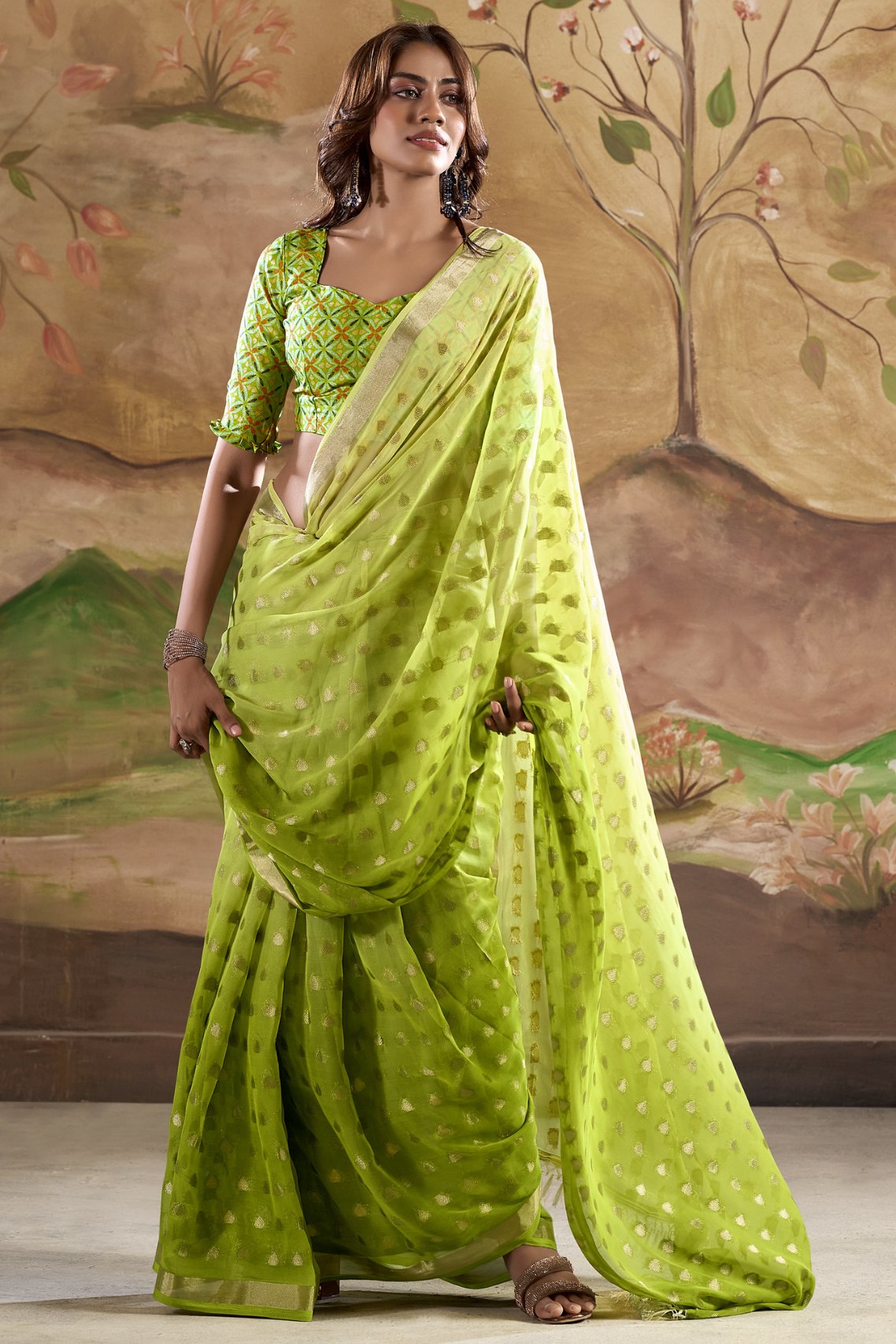 Buy MySilkLove Celery Green Banarasi Georgette Saree Online