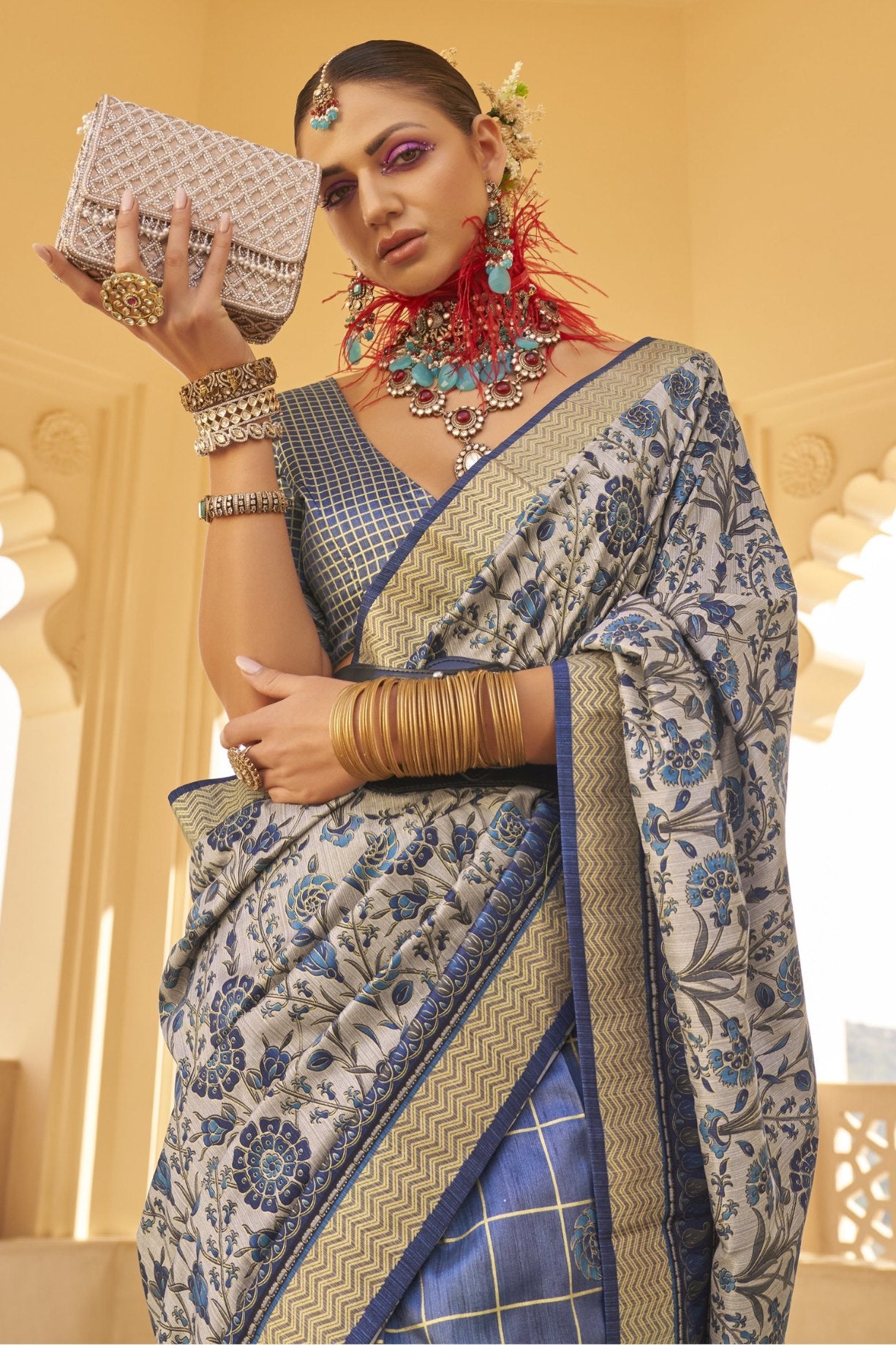 Buy MySilkLove Lynch Blue and Grey Printed Patola Saree Online