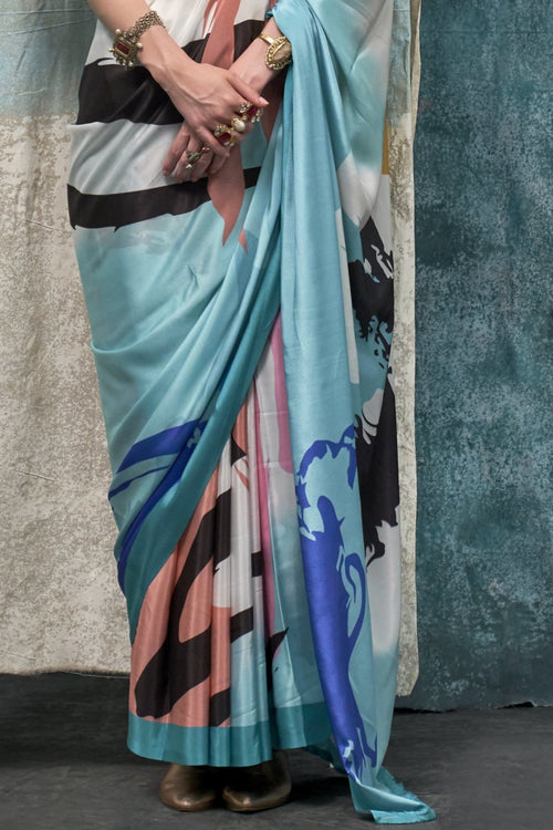 Aqua Blue Satin Crepe  Saree With Digital Printed Work main image 1