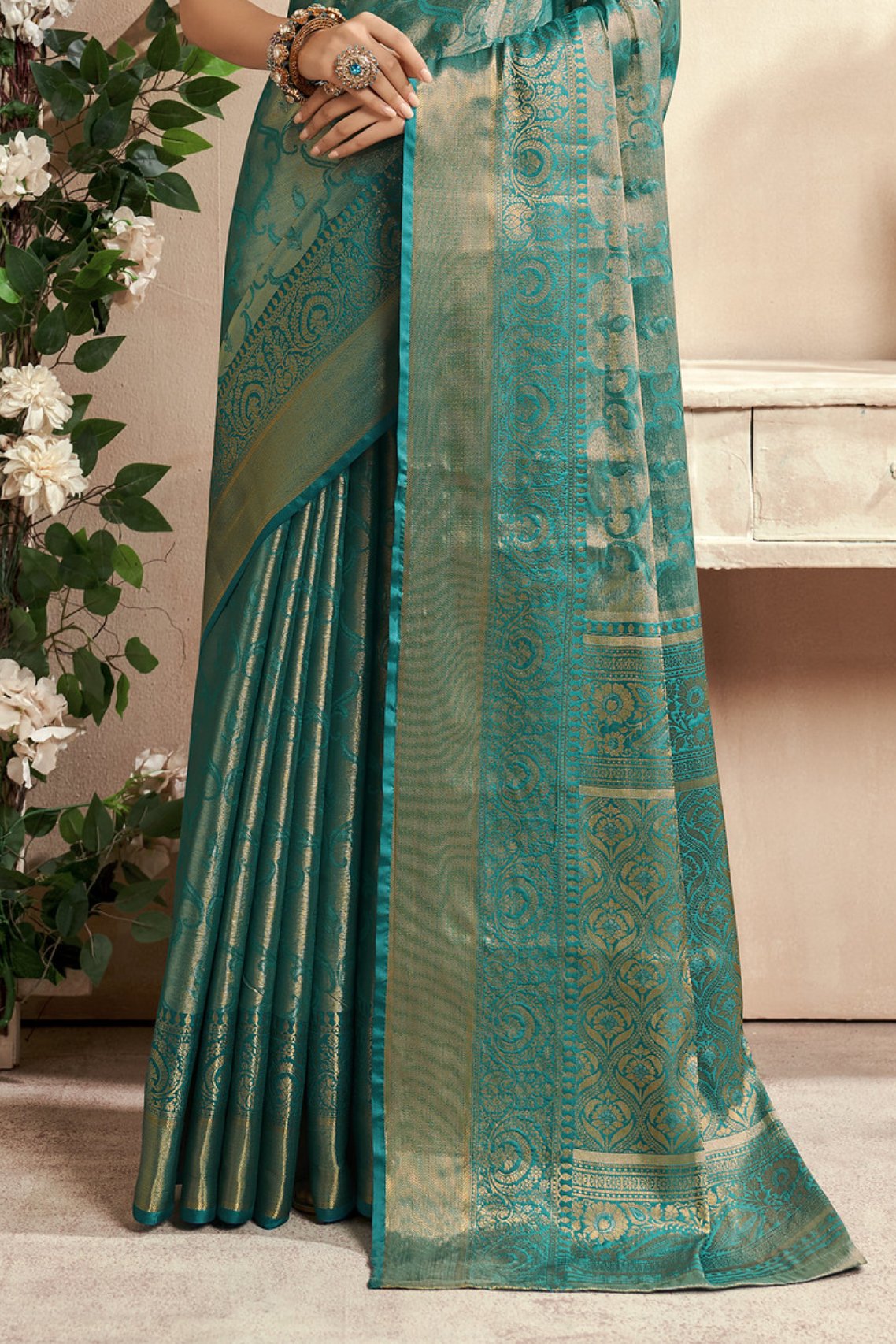 Buy MySilkLove Polished Pine Green Woven Kanjivaram Saree Online