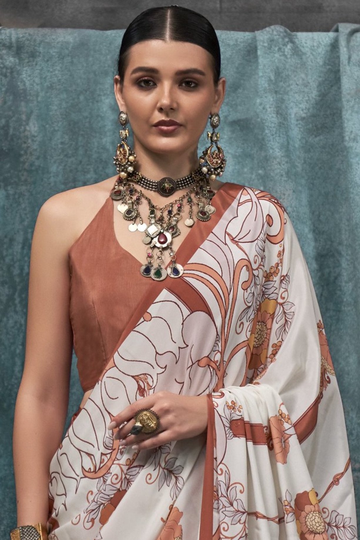 Buy MySilkLove Seashell White and Brown Printed Satin Crepe Sarees Online