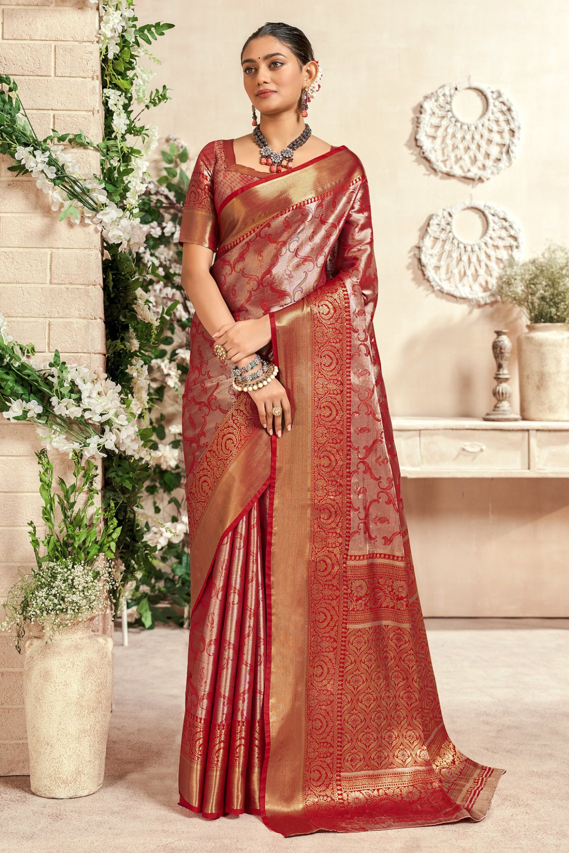 Buy MySilkLove Medium Carmine Red Woven Kanjivaram Saree Online