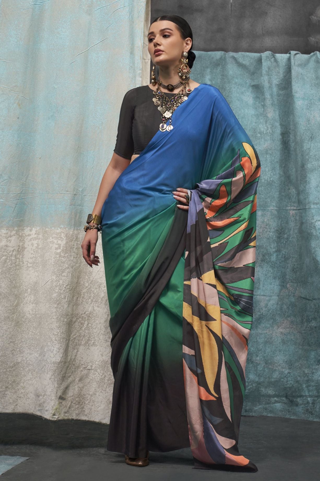 Buy MySilkLove Multicolor Blue Printed Satin Crepe Sarees Online