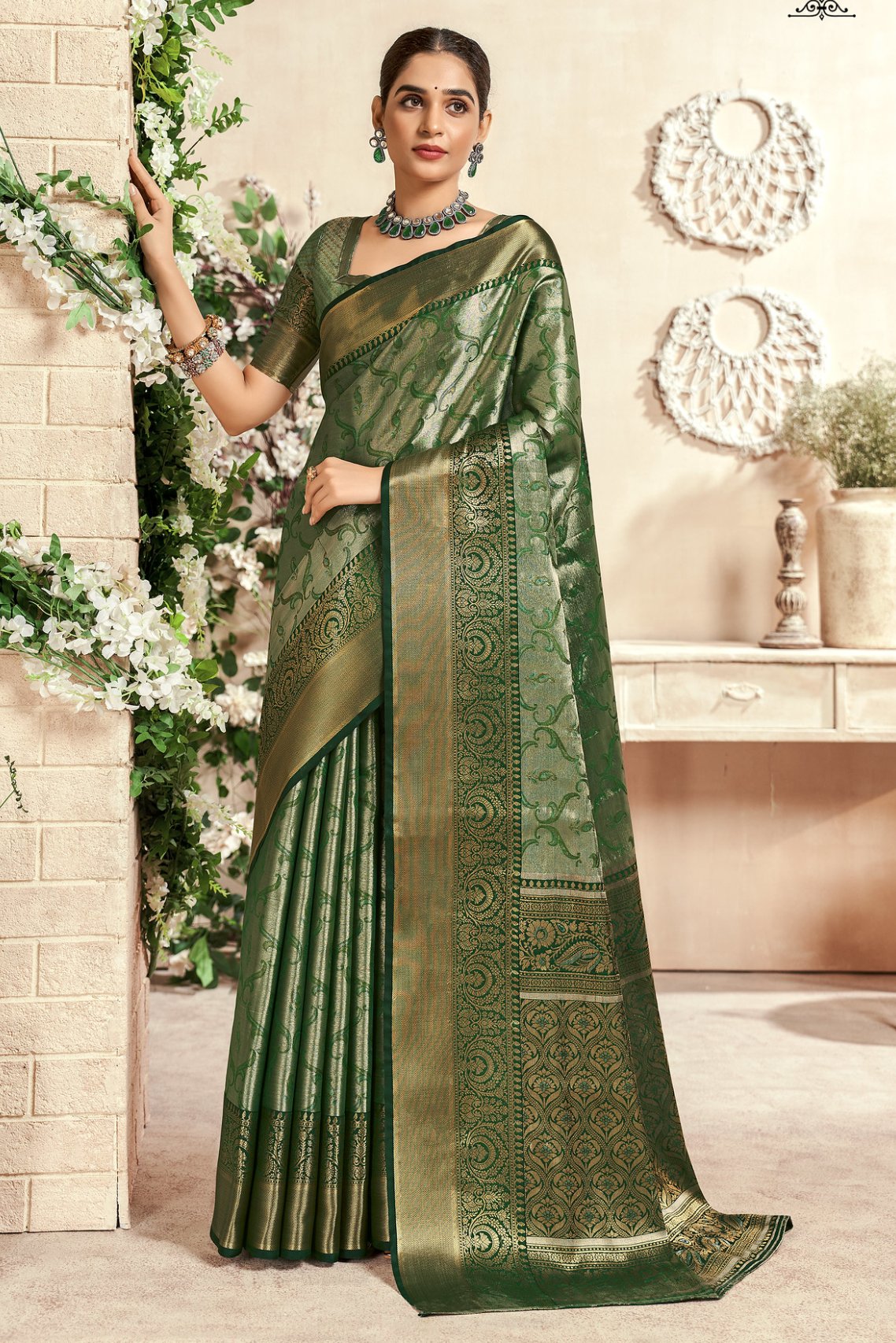 Buy MySilkLove Finch Green Woven Kanjivaram Saree Online