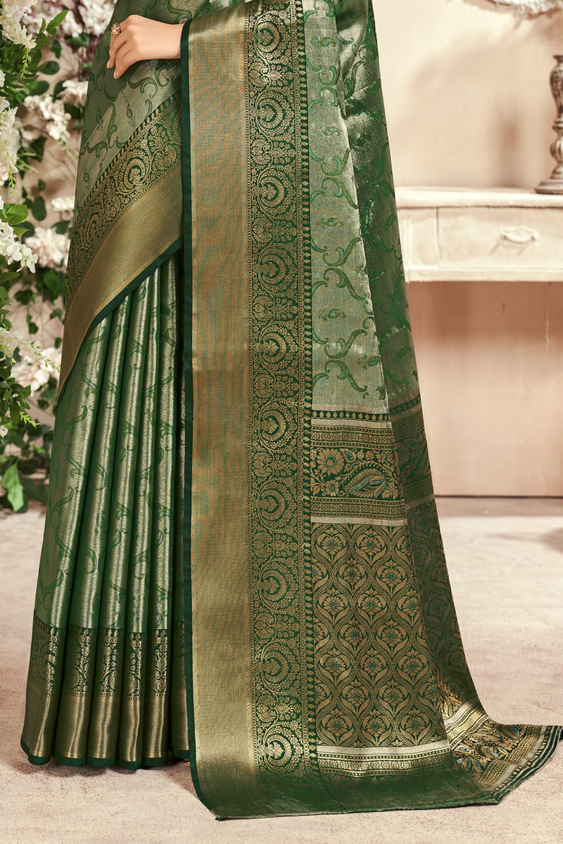 Buy MySilkLove Finch Green Woven Kanjivaram Saree Online