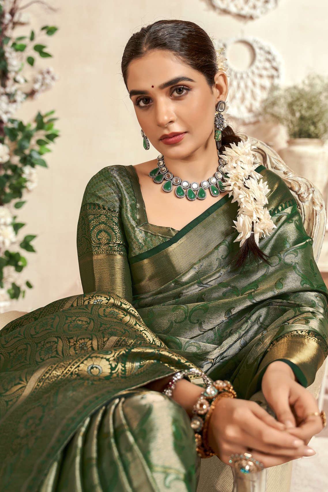 MySilkLove Finch Green Woven Kanjivaram Saree