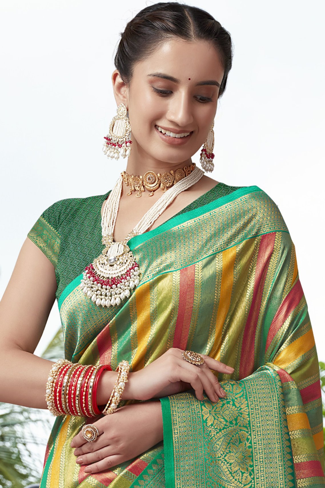 Buy MySilkLove Highland Green Multicolor Woven Kanjivaram Saree Online