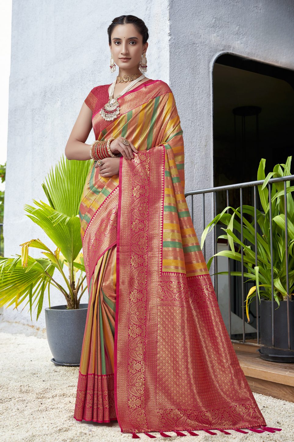 Buy MySilkLove Dark Tan Red Multicolor Woven Kanjivaram Saree Online