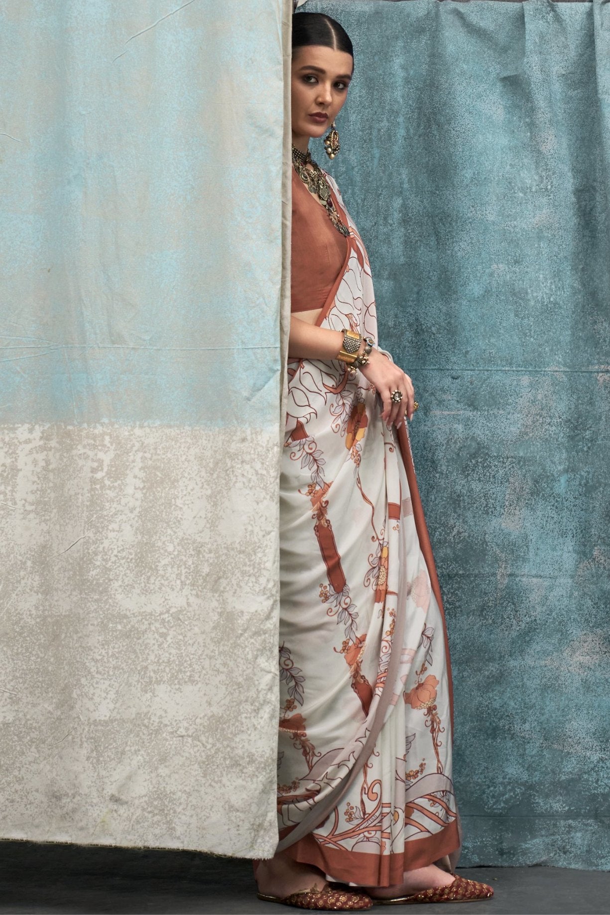 MySilkLove Seashell White and Brown Printed Satin Crepe Sarees