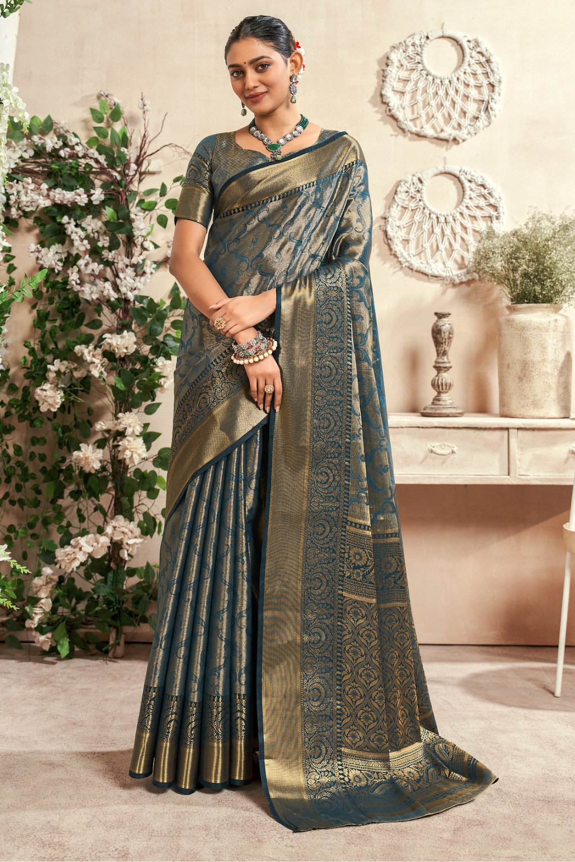 Buy MySilkLove Horizon Blue Woven Kanjivaram Saree Online