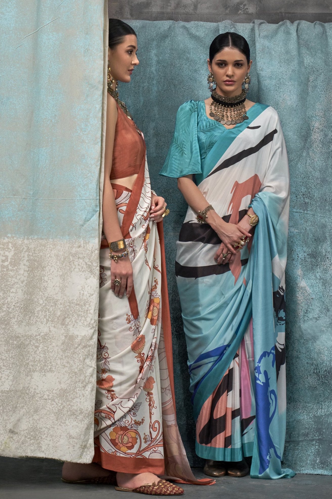 Buy MySilkLove Aqua Island Blue Multicolor Printed Satin Crepe Sarees Online