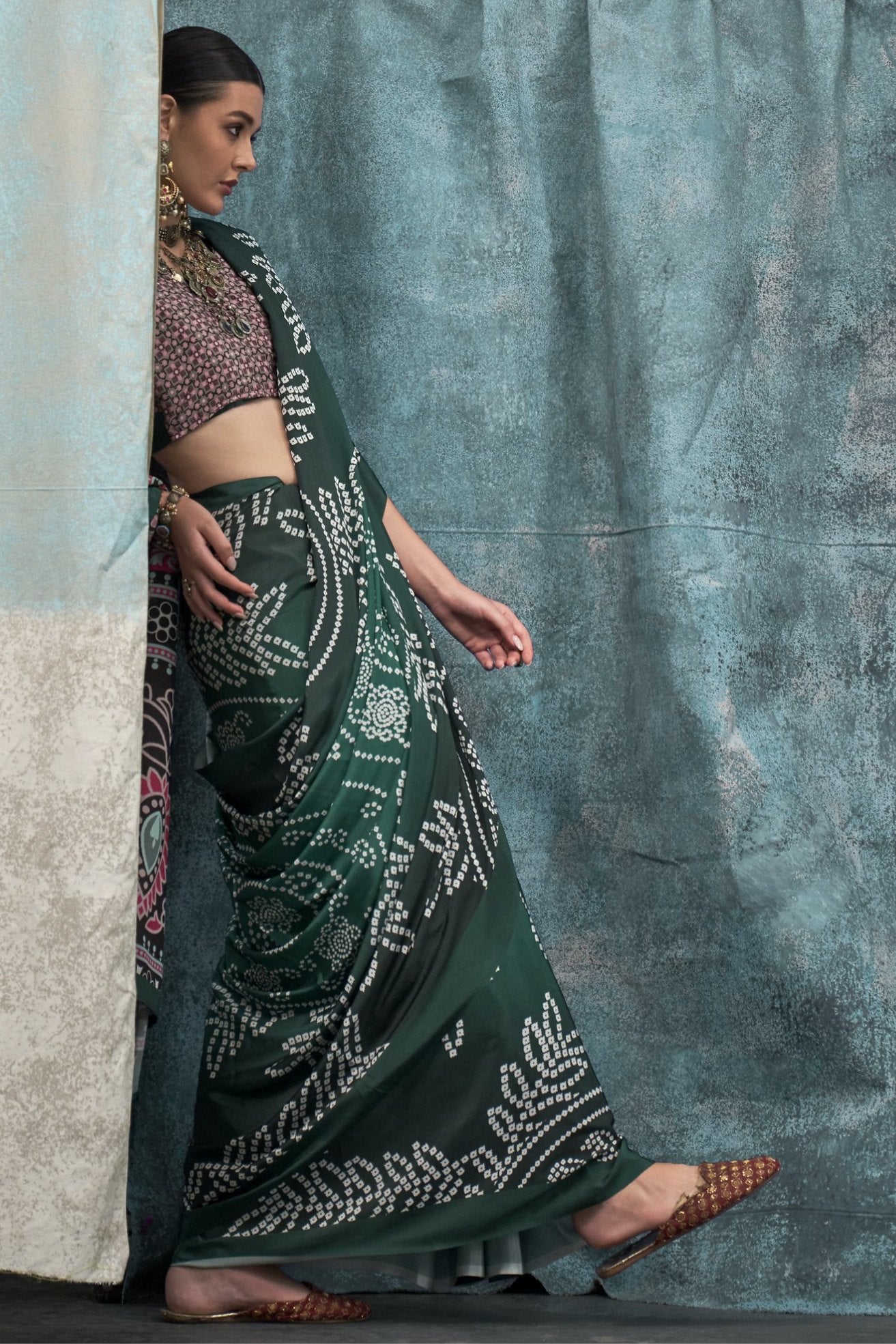 MySilkLove Timber Green Printed Satin Crepe Sarees