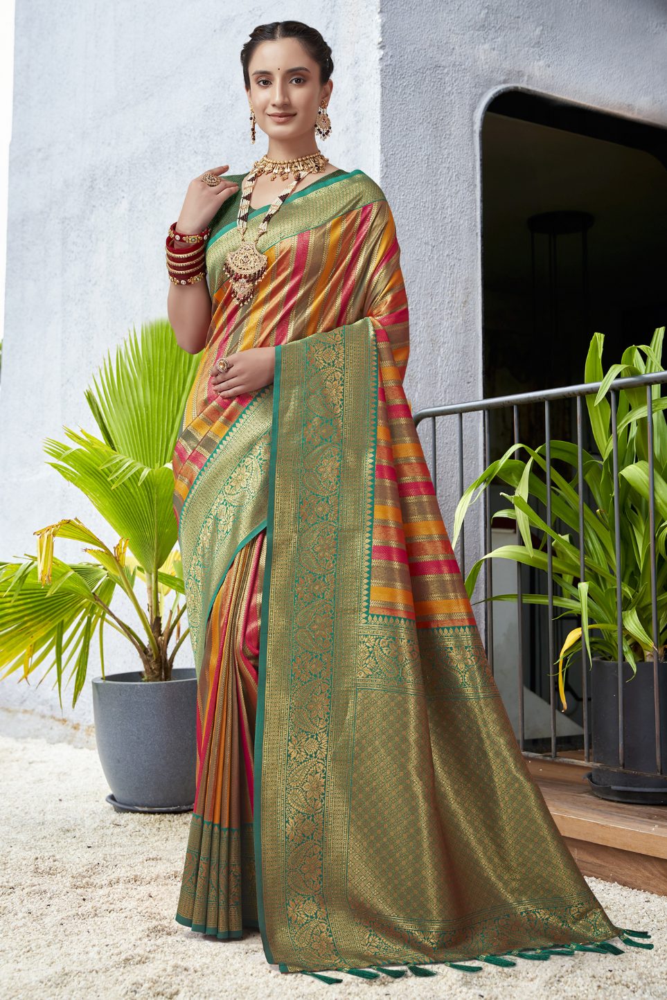 Buy MySilkLove Barley Corn Green Multicolor Multicolor Woven Kanjivaram Saree Online