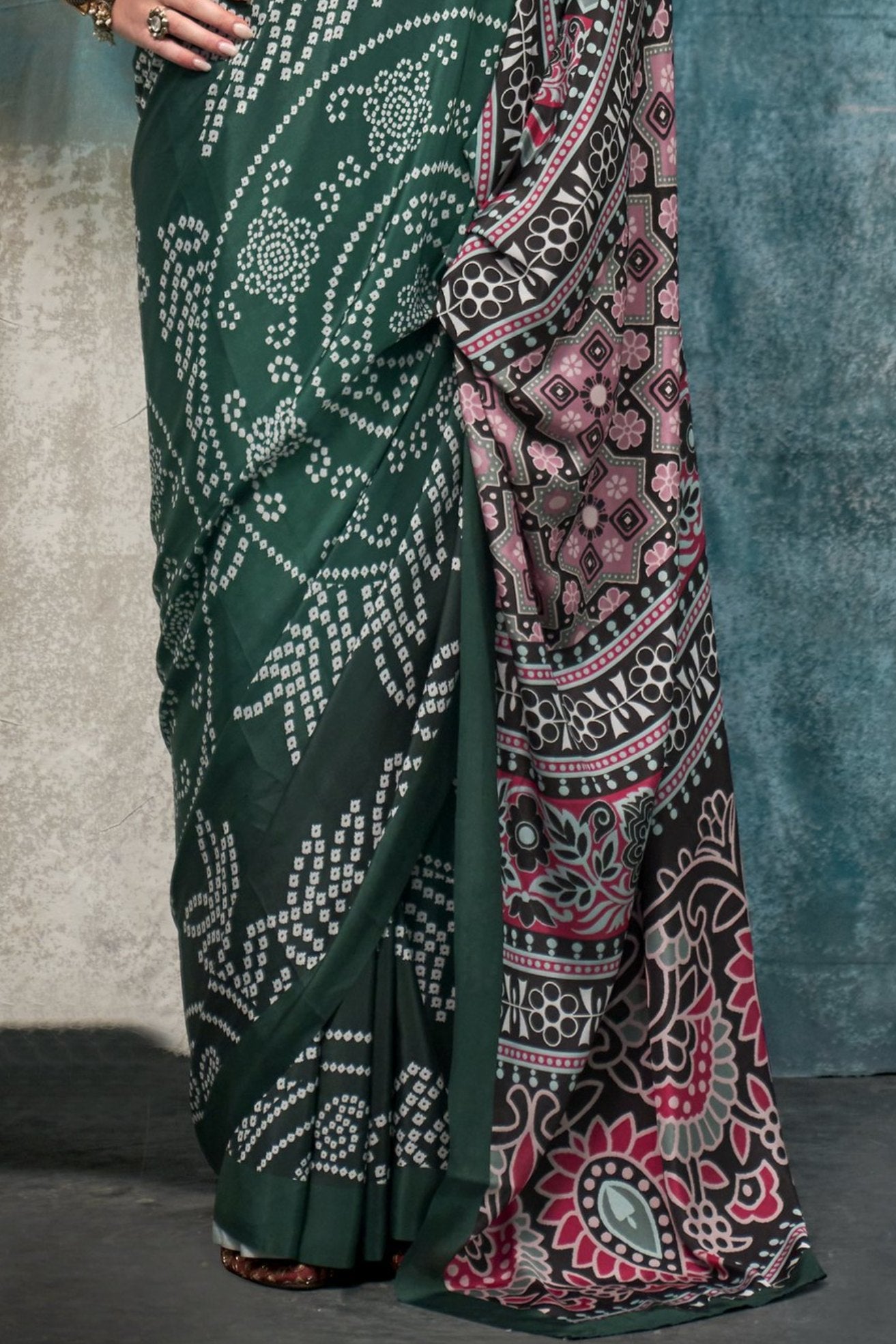 Buy MySilkLove Timber Green Printed Satin Crepe Sarees Online