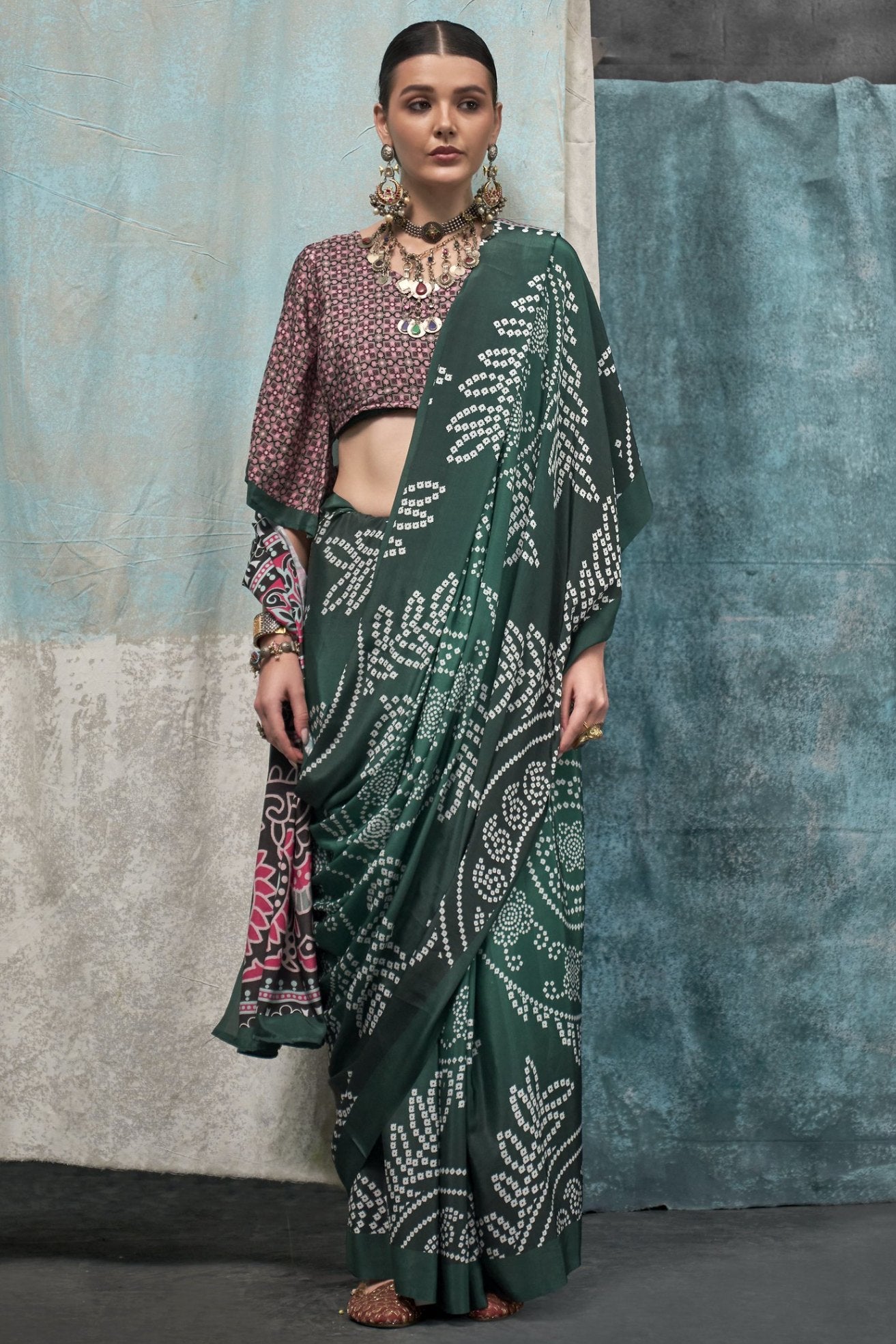 Buy MySilkLove Timber Green Printed Satin Crepe Sarees Online