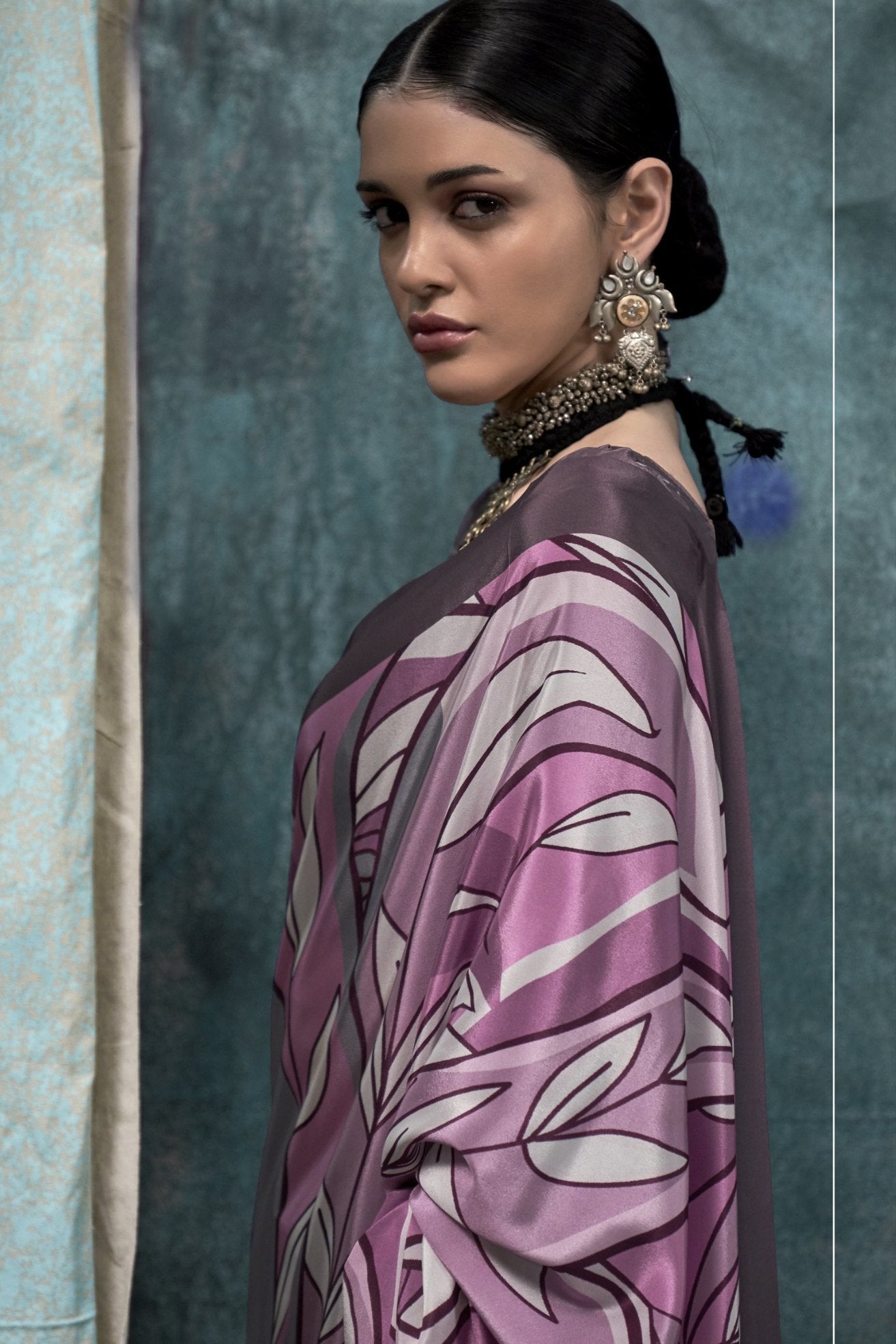 MySilkLove Jumbo Grey and Purple Printed Satin Crepe Sarees