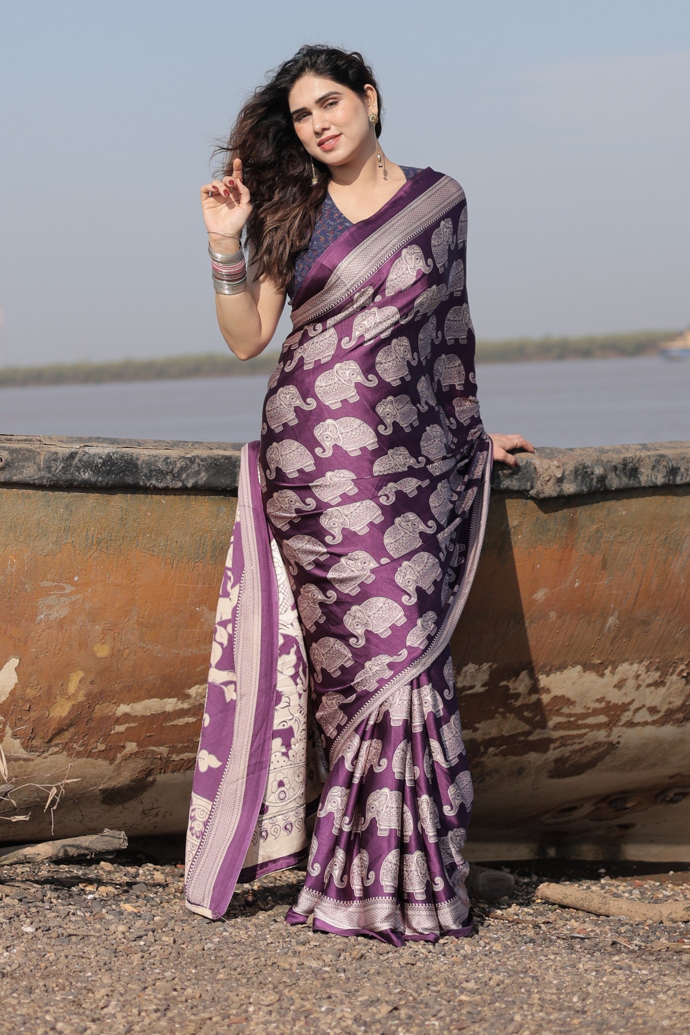Buy MySilkLove Haze Purple Ajrakh Printed Satin Crepe Silk Saree Online