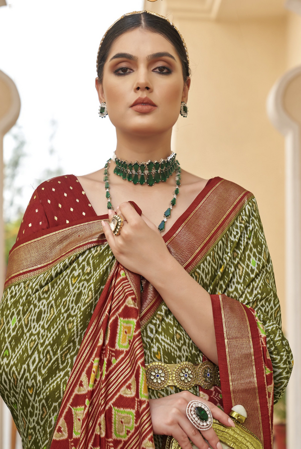 Tree Green and Maroon Printed Patola Silk Saree