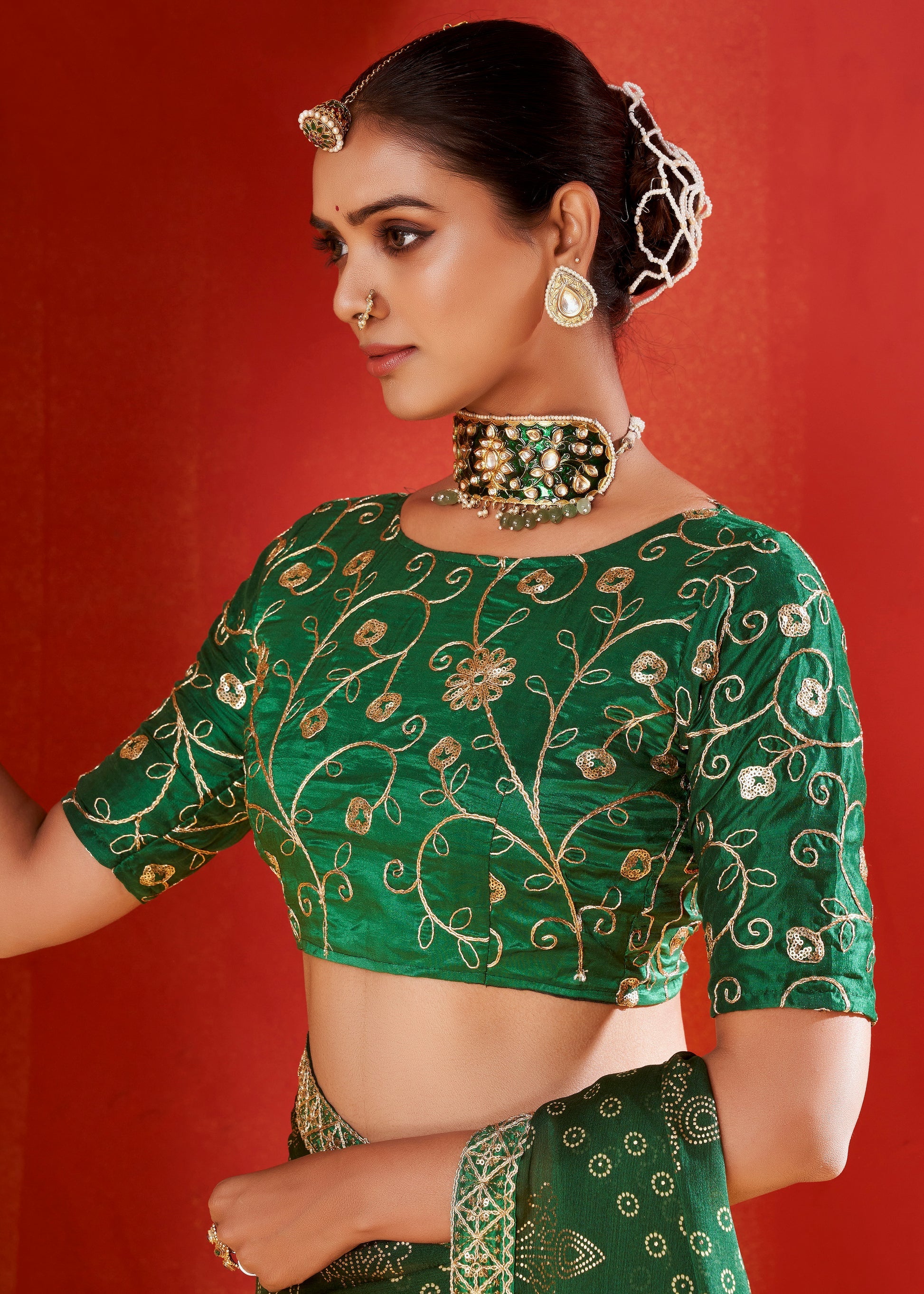 Buy MySilkLove Dark Tree Green Chiffon Bandhani Embroidery Saree Online