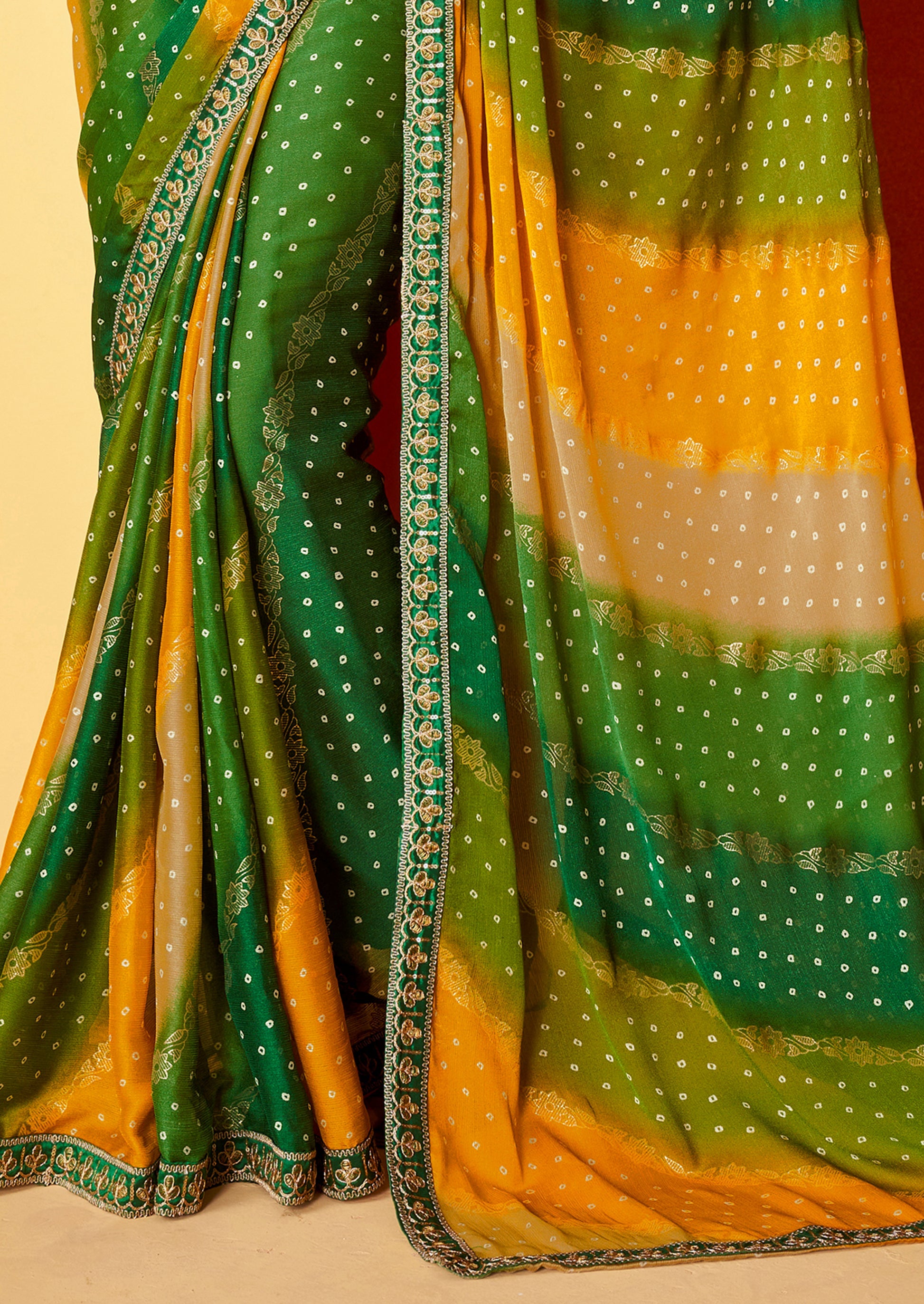 Buy MySilkLove Emerald Green and Yellow Chiffon Bandhani Embroidery Saree Online