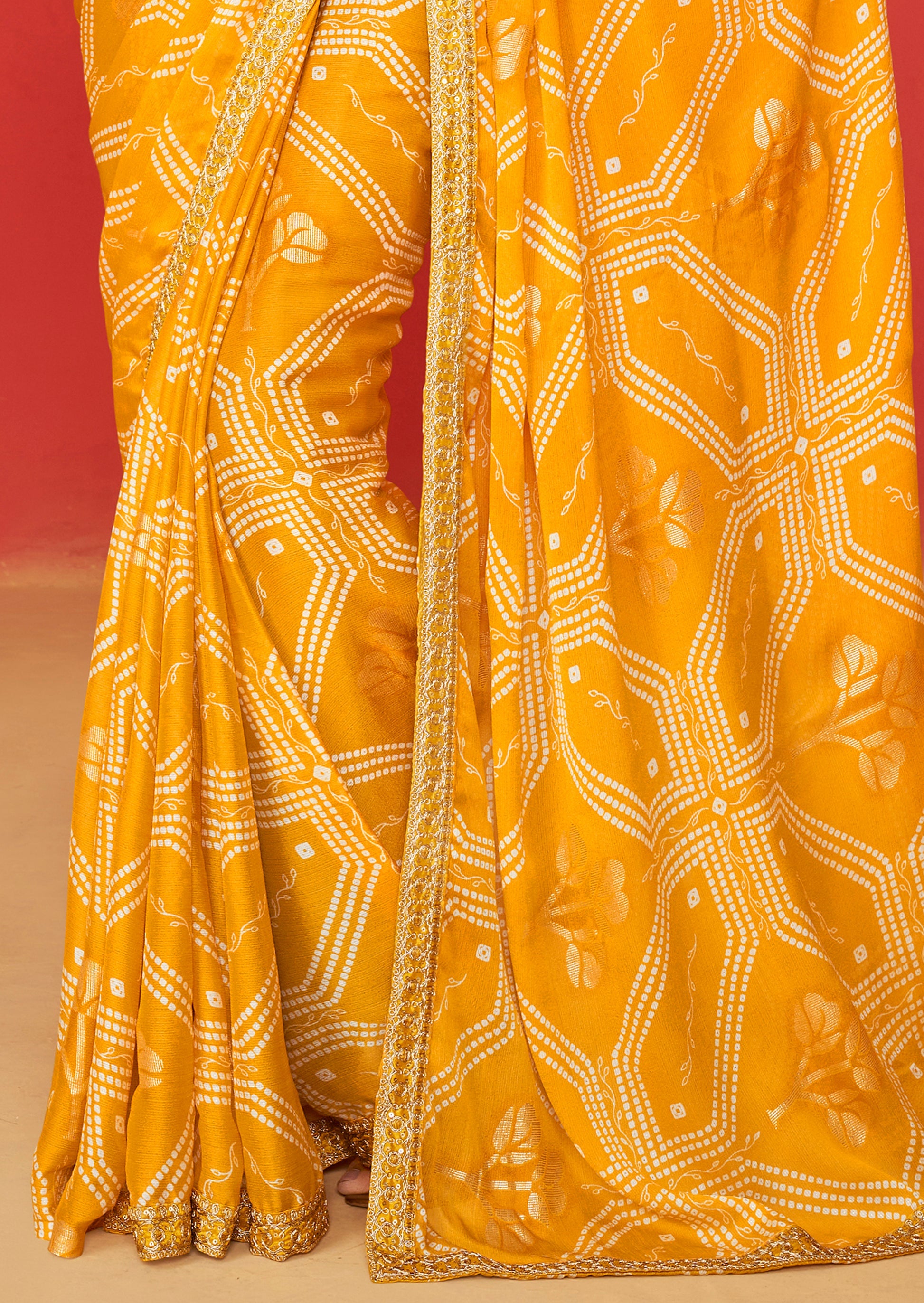 Buy MySilkLove Cyber Yellow Chiffon Bandhani Embroidery Saree Online