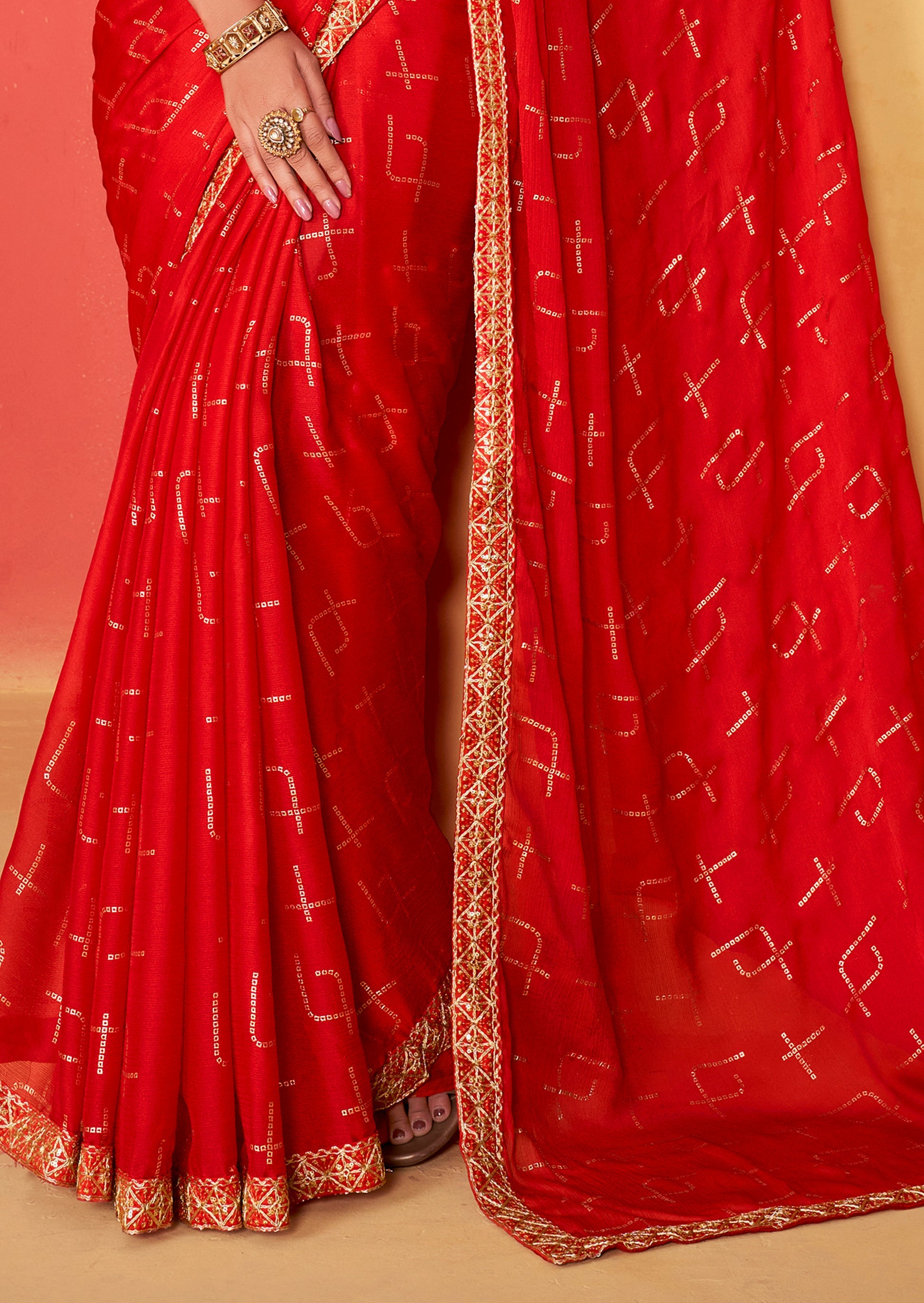 Buy MySilkLove Persian Red Chiffon Bandhani Embroidery Saree Online