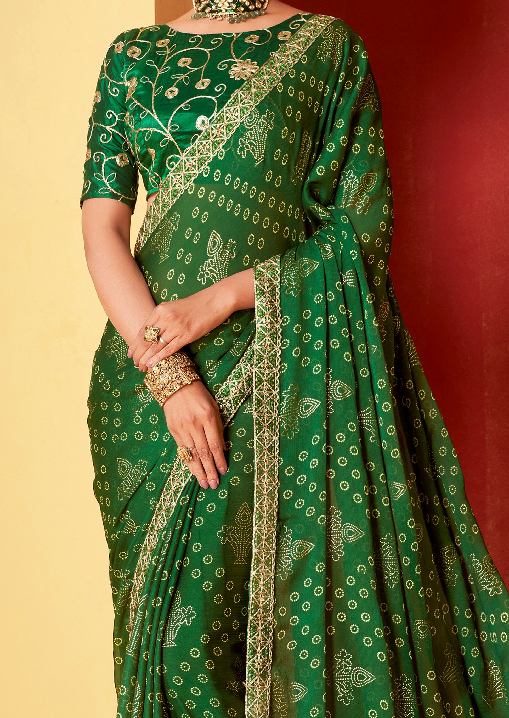 Buy MySilkLove Dark Tree Green Chiffon Bandhani Embroidery Saree Online