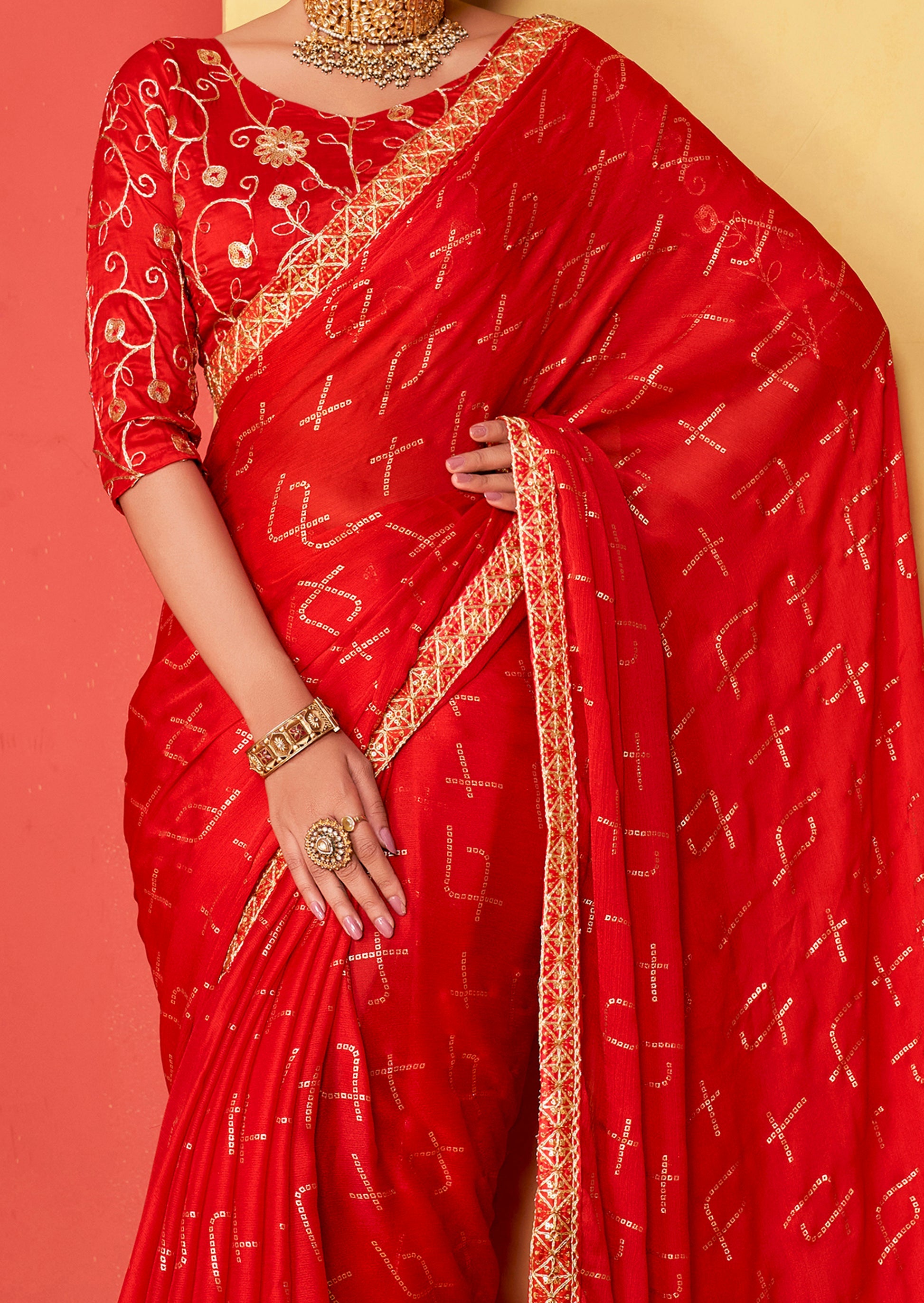 Buy MySilkLove Persian Red Chiffon Bandhani Embroidery Saree Online