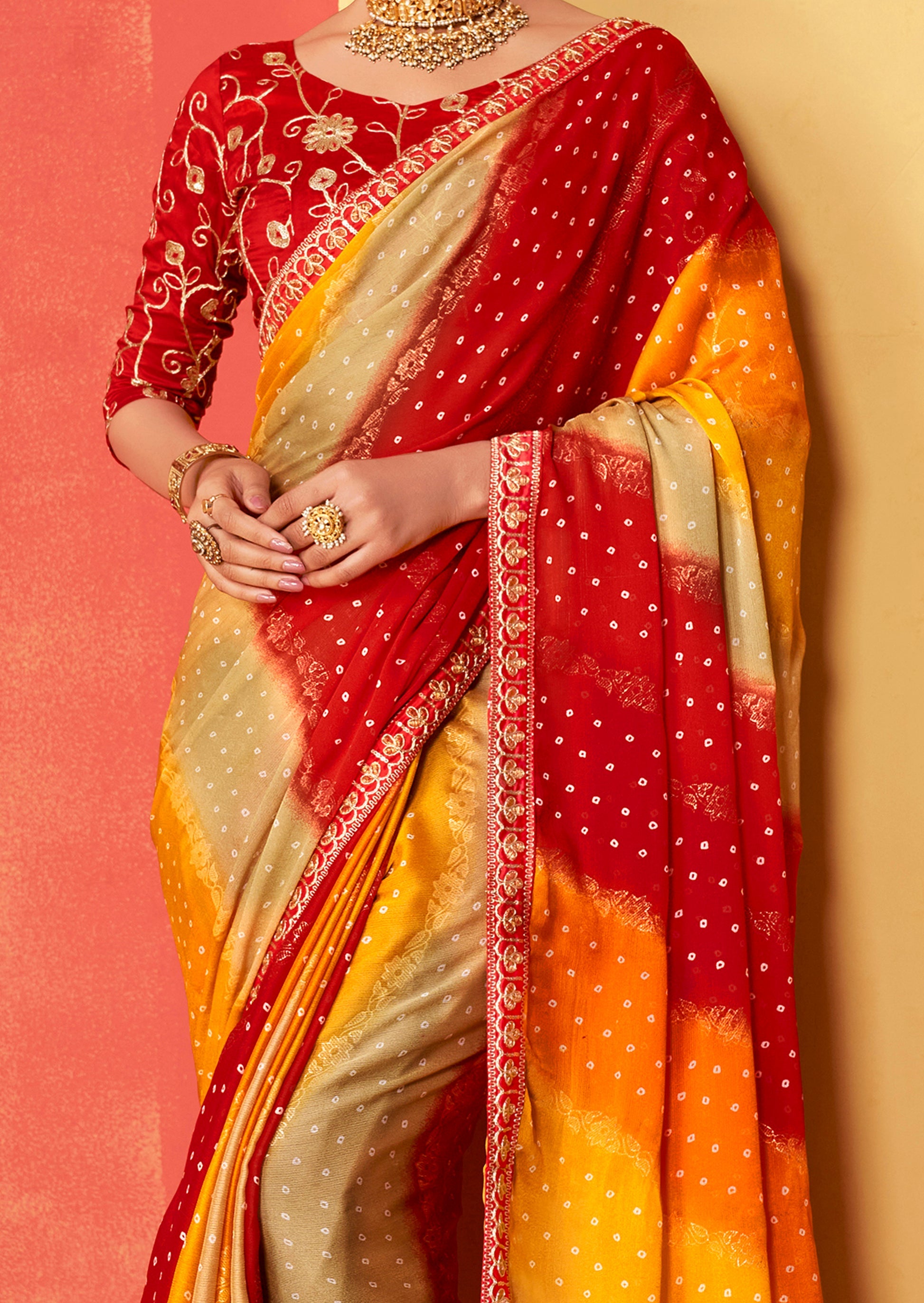 Buy MySilkLove Sangria Red and Yellow Chiffon Bandhani Embroidery Saree Online