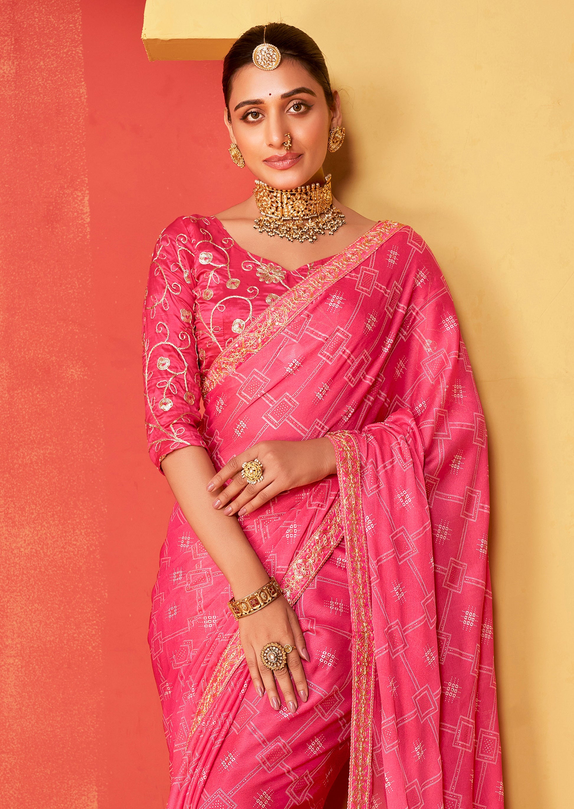 MySilkLove Petite Pink Chiffon Bandhani Embroidery Saree