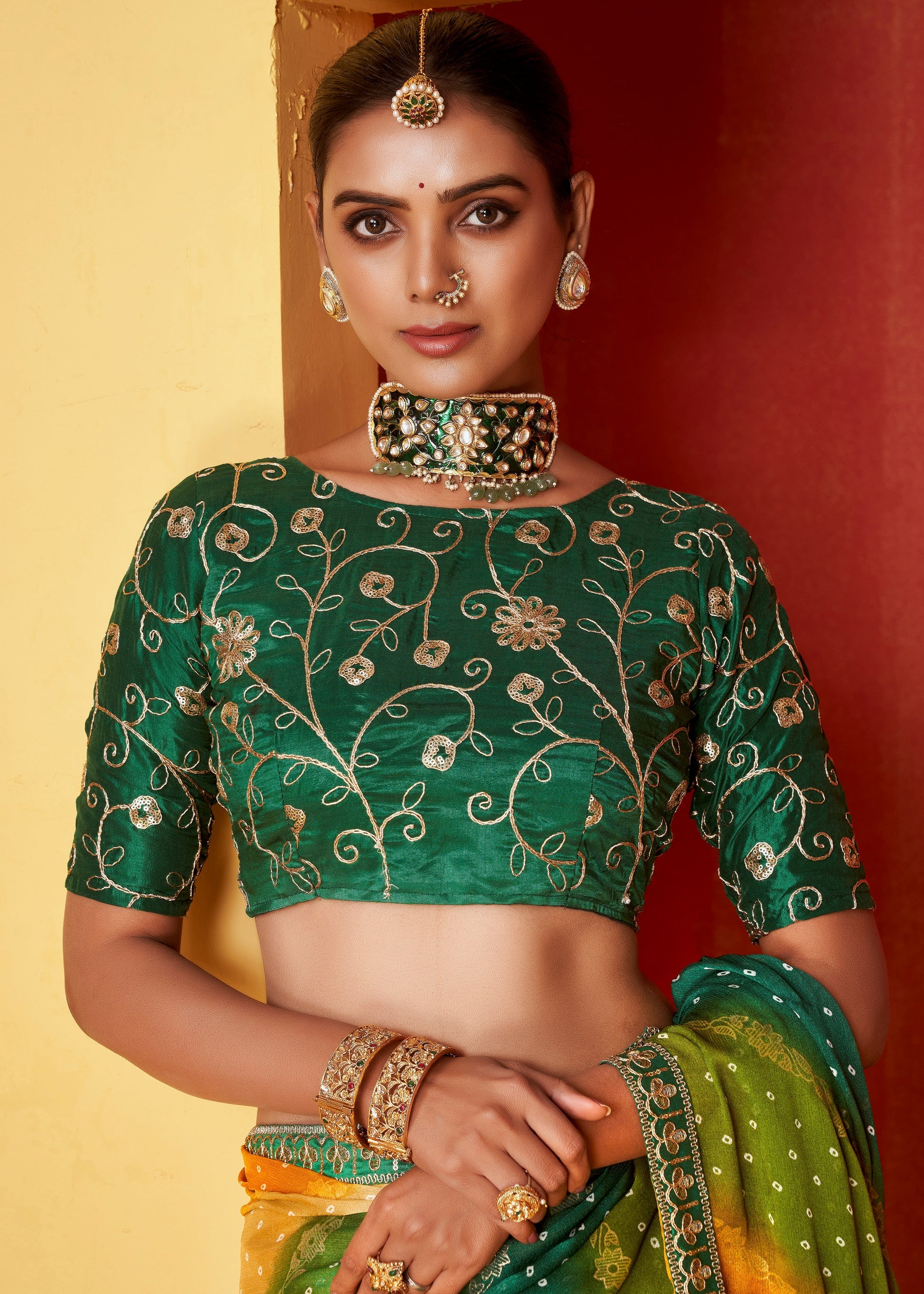 Buy MySilkLove Emerald Green and Yellow Chiffon Bandhani Embroidery Saree Online