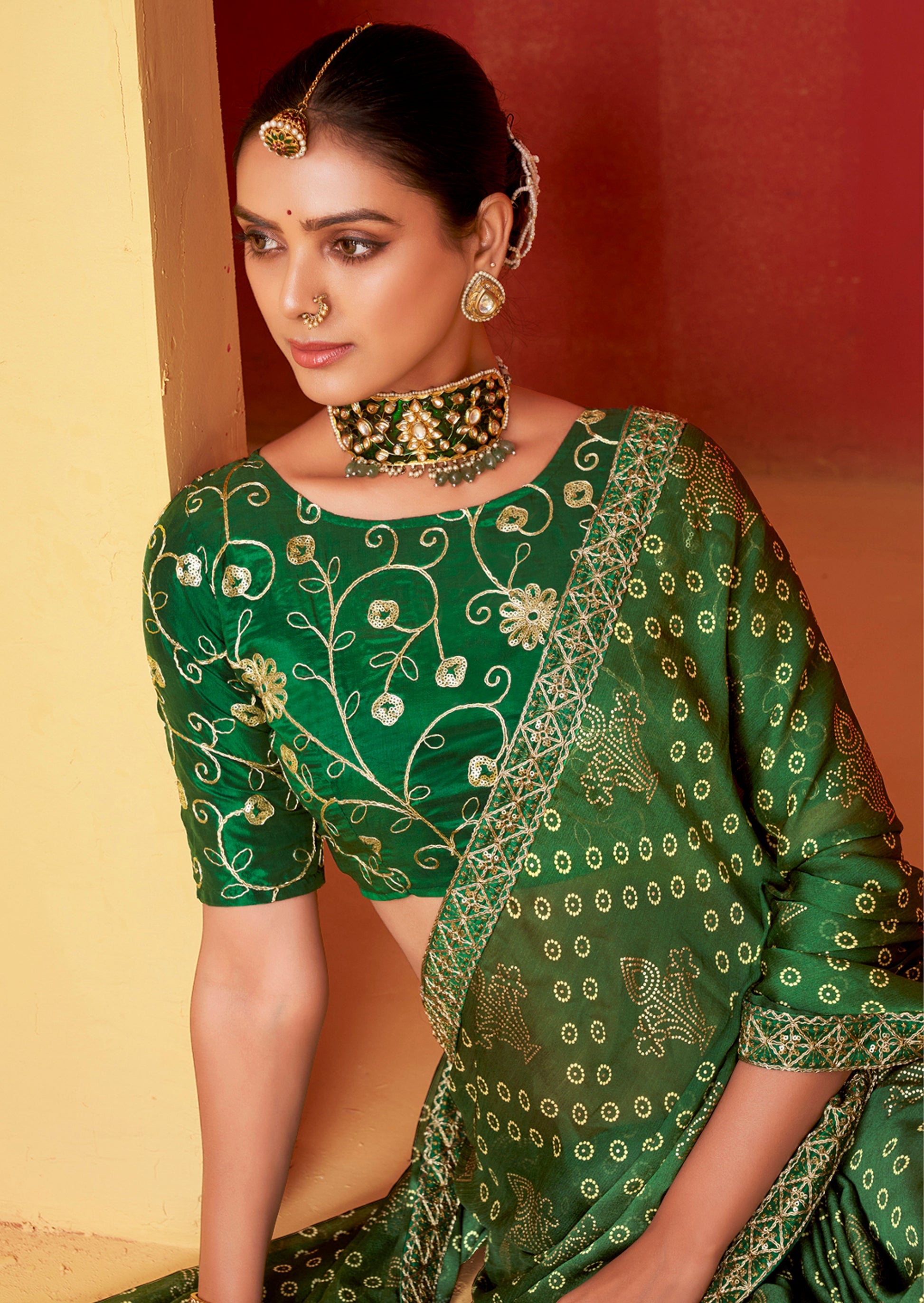 Buy MySilkLove Dark Tree Green Chiffon Bandhani Embroidery Saree Online