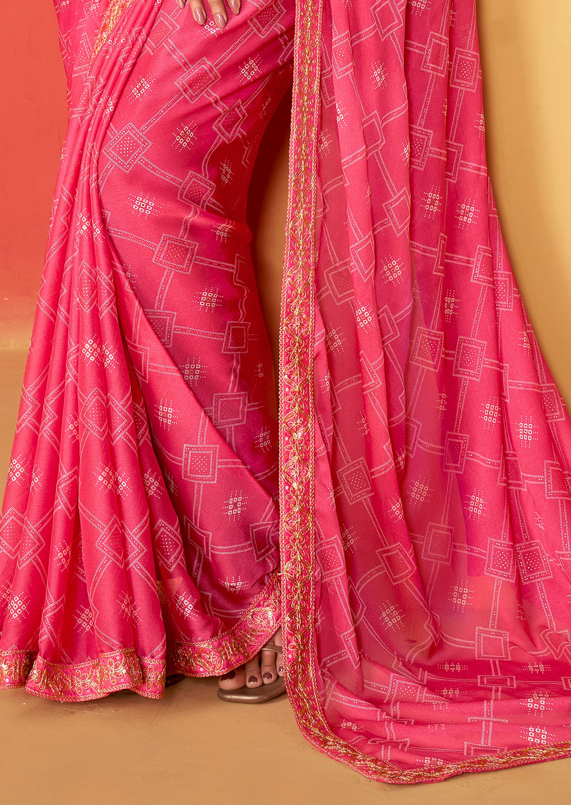 Buy MySilkLove Petite Pink Chiffon Bandhani Embroidery Saree Online