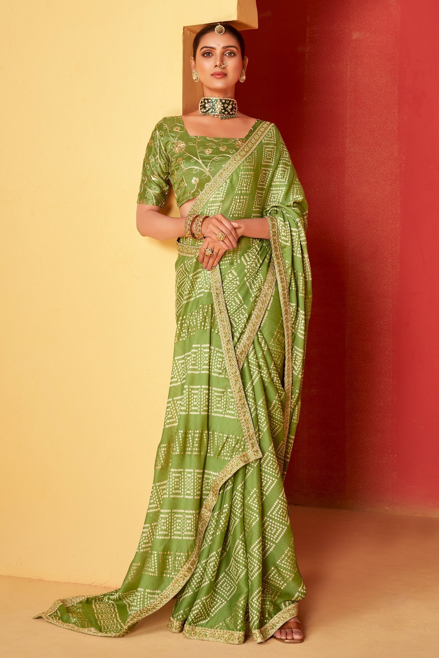 Buy MySilkLove Christi Green Chiffon Bandhani Embroidery Saree Online