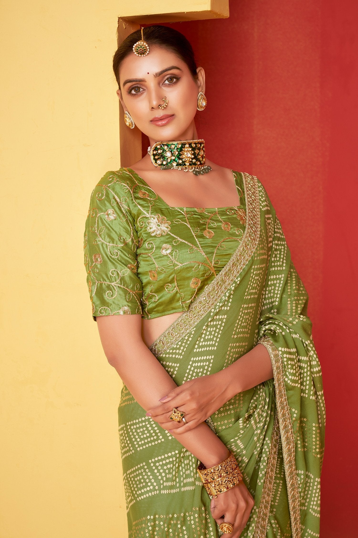 Buy MySilkLove Christi Green Chiffon Bandhani Embroidery Saree Online